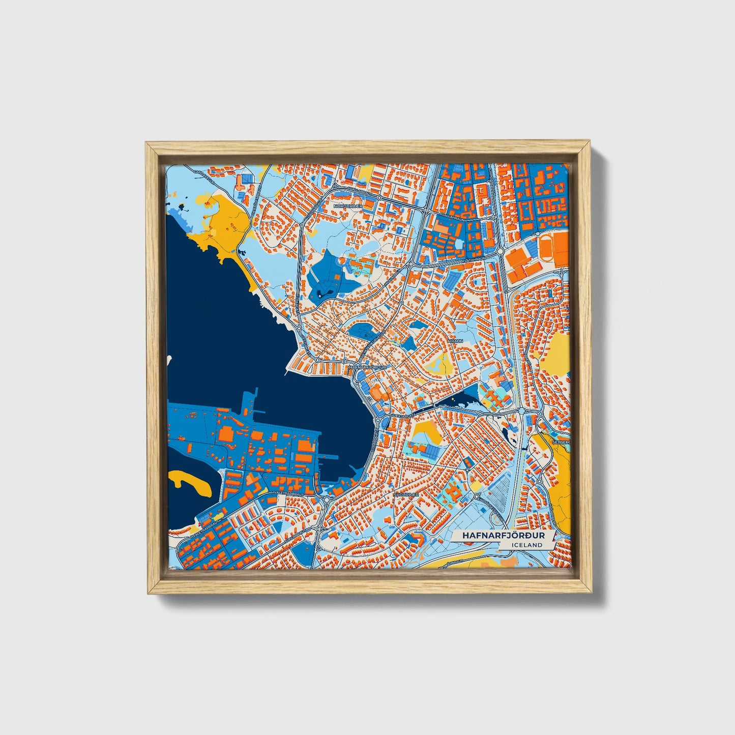 Hafnarfjörður Iceland Colorful City Map Canvas Print • Natural Wooden Framed