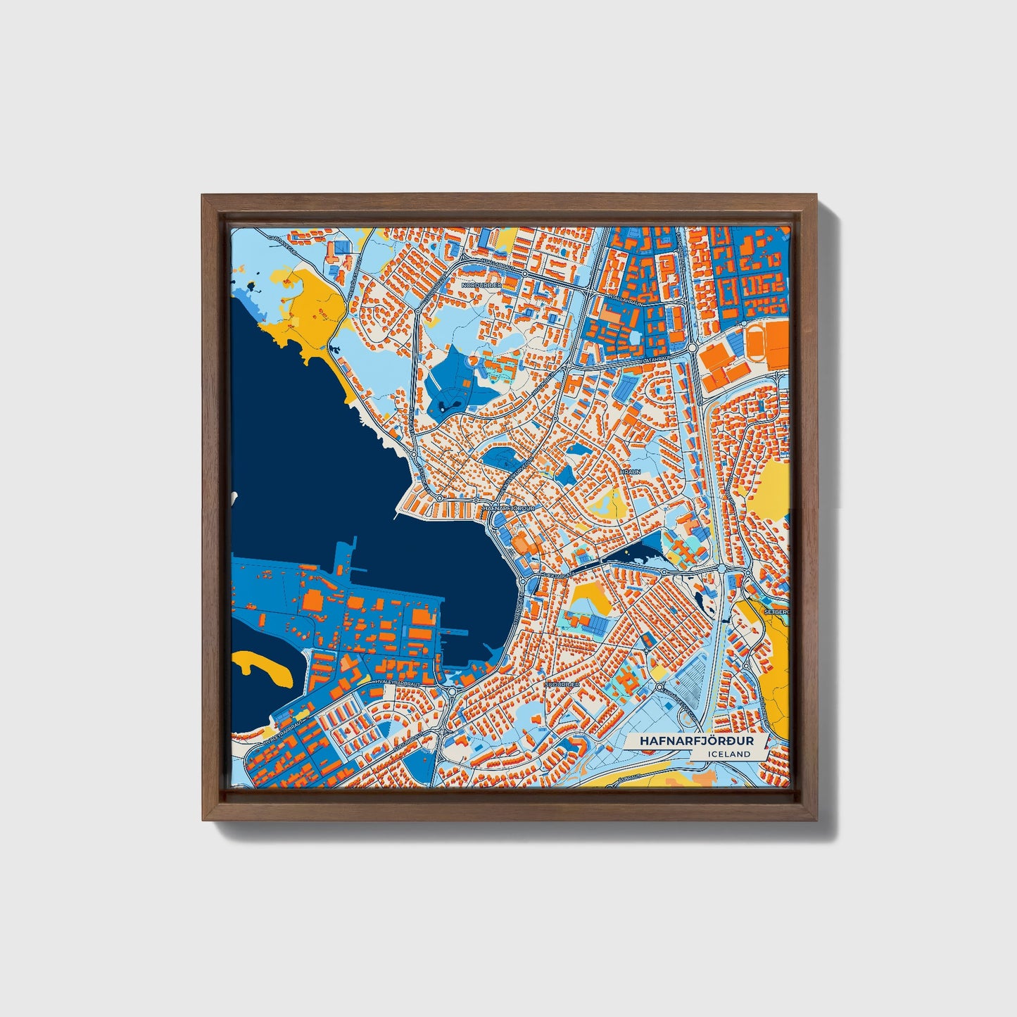 Hafnarfjörður Iceland Colorful City Map Canvas Print • Dark Wooden Framed