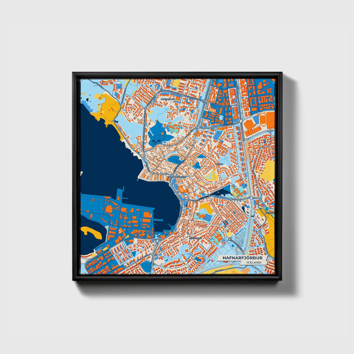 Hafnarfjörður Iceland Colorful City Map Canvas Print • Black Framed