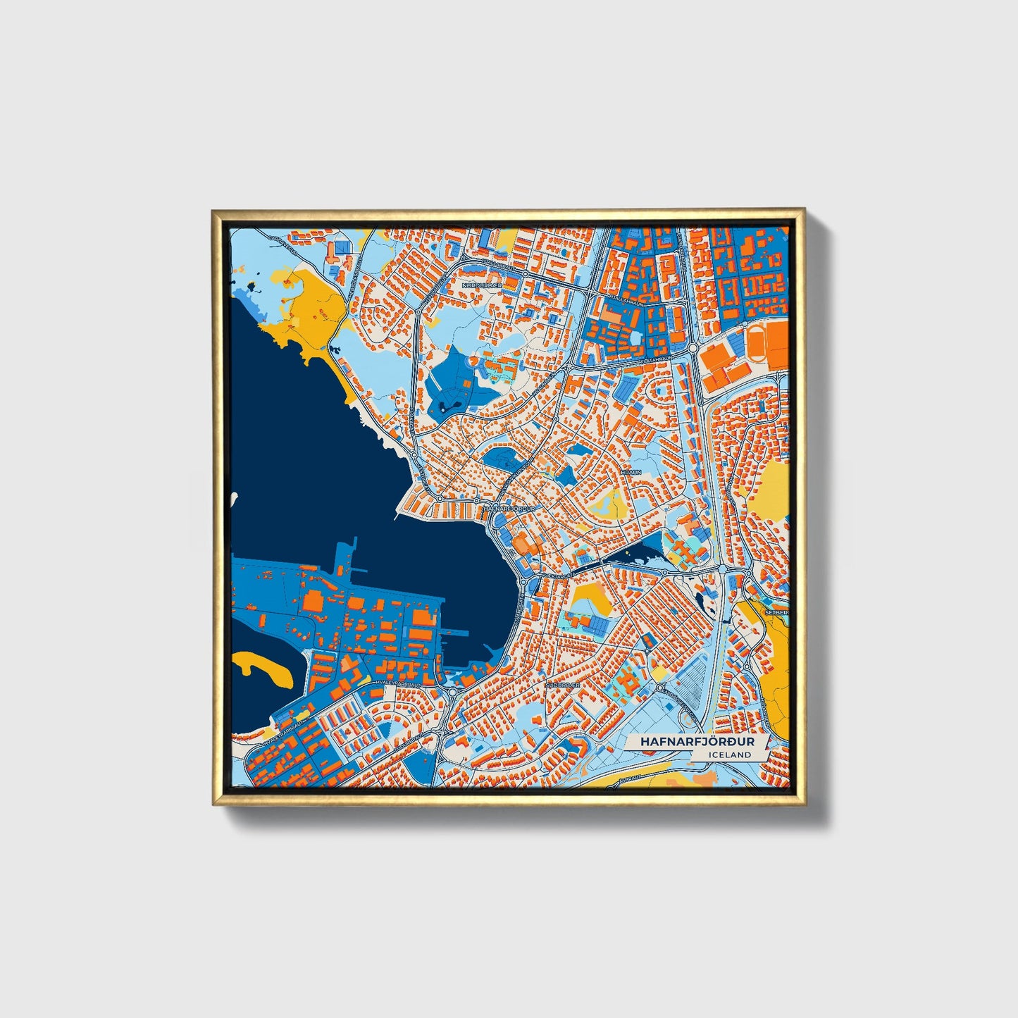 Hafnarfjörður Iceland Colorful City Map Canvas Print • Gold Framed
