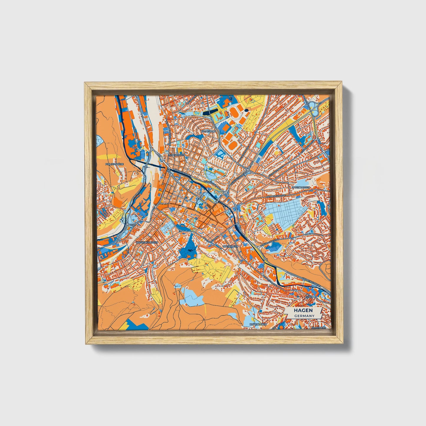 Hagen Germany Colorful City Map Canvas Print • Natural Wooden Framed