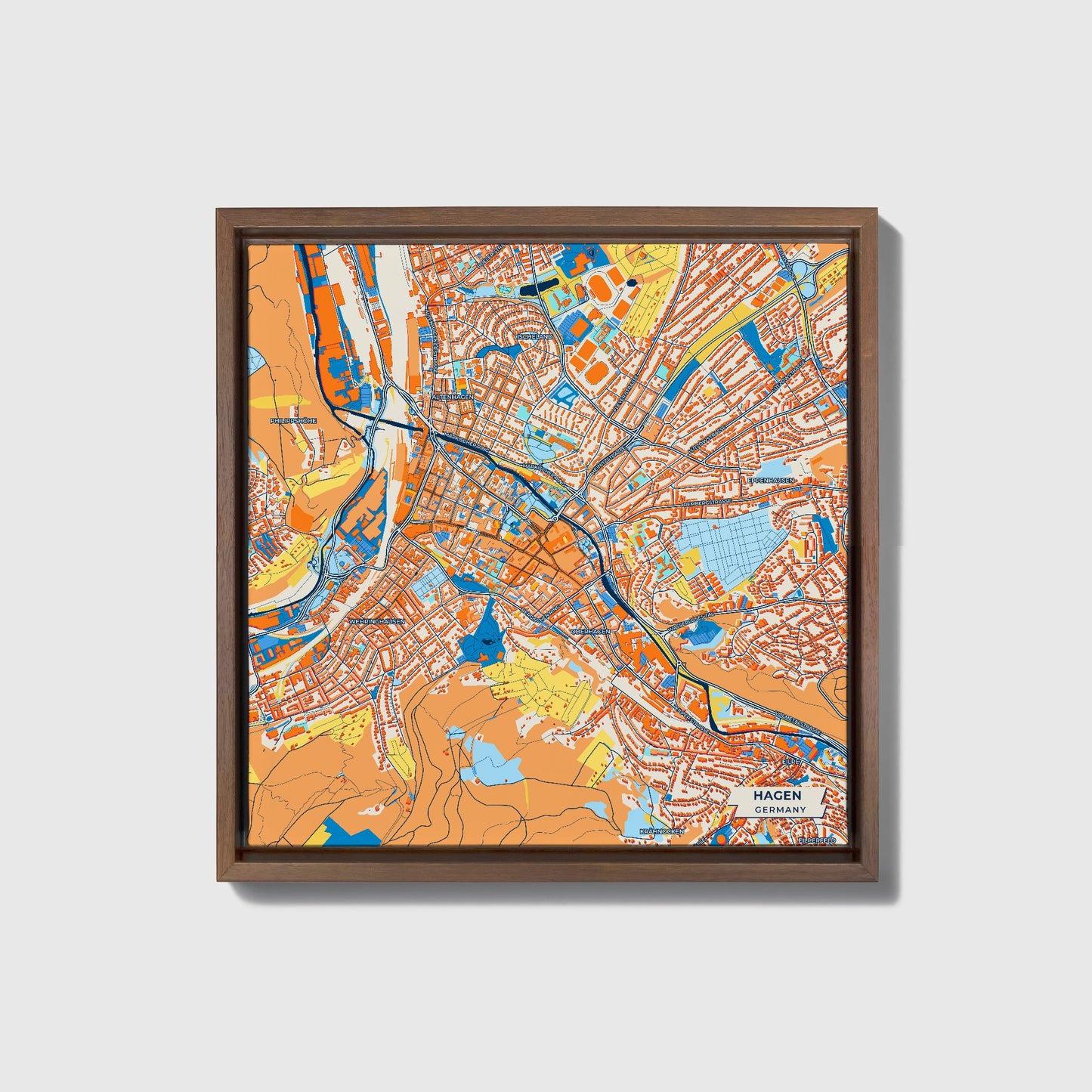 Hagen Germany Colorful City Map Canvas Print • Dark Wooden Framed