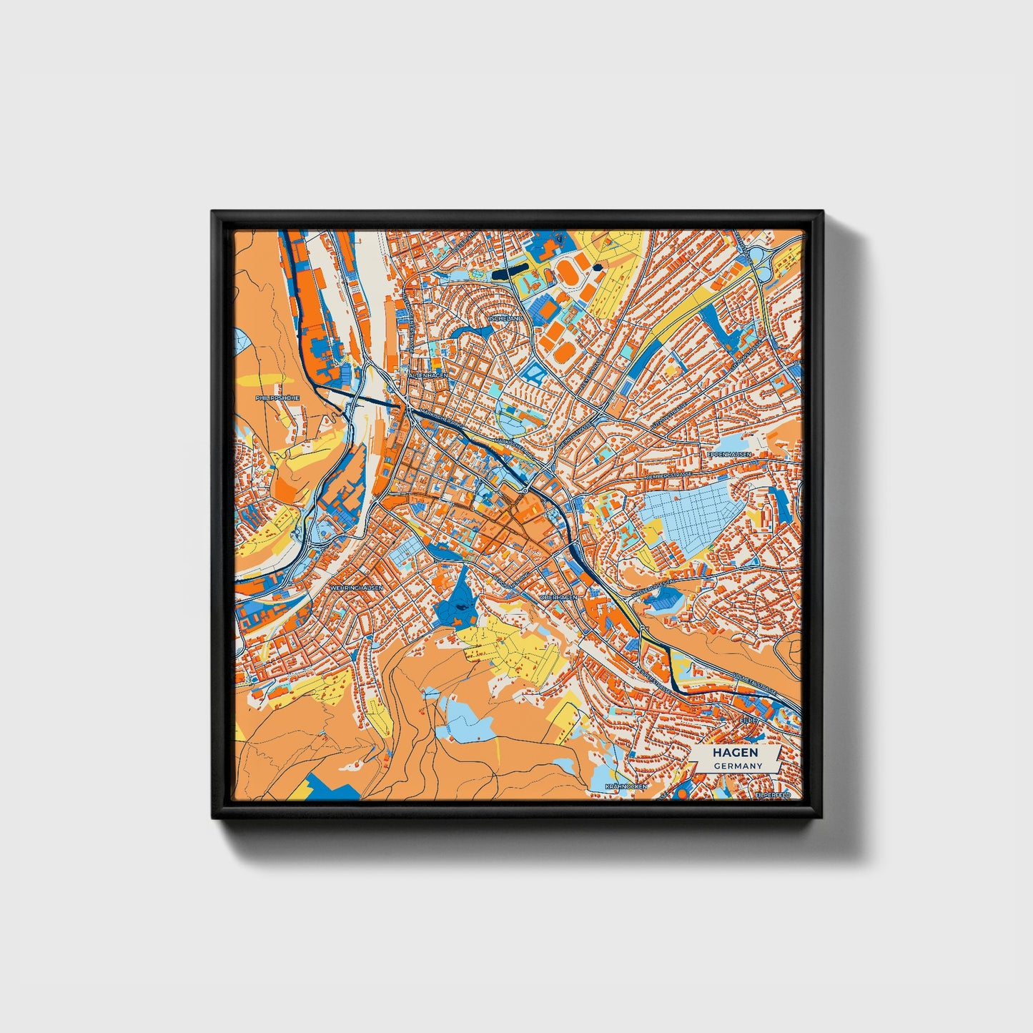 Hagen Germany Colorful City Map Canvas Print • Black Framed