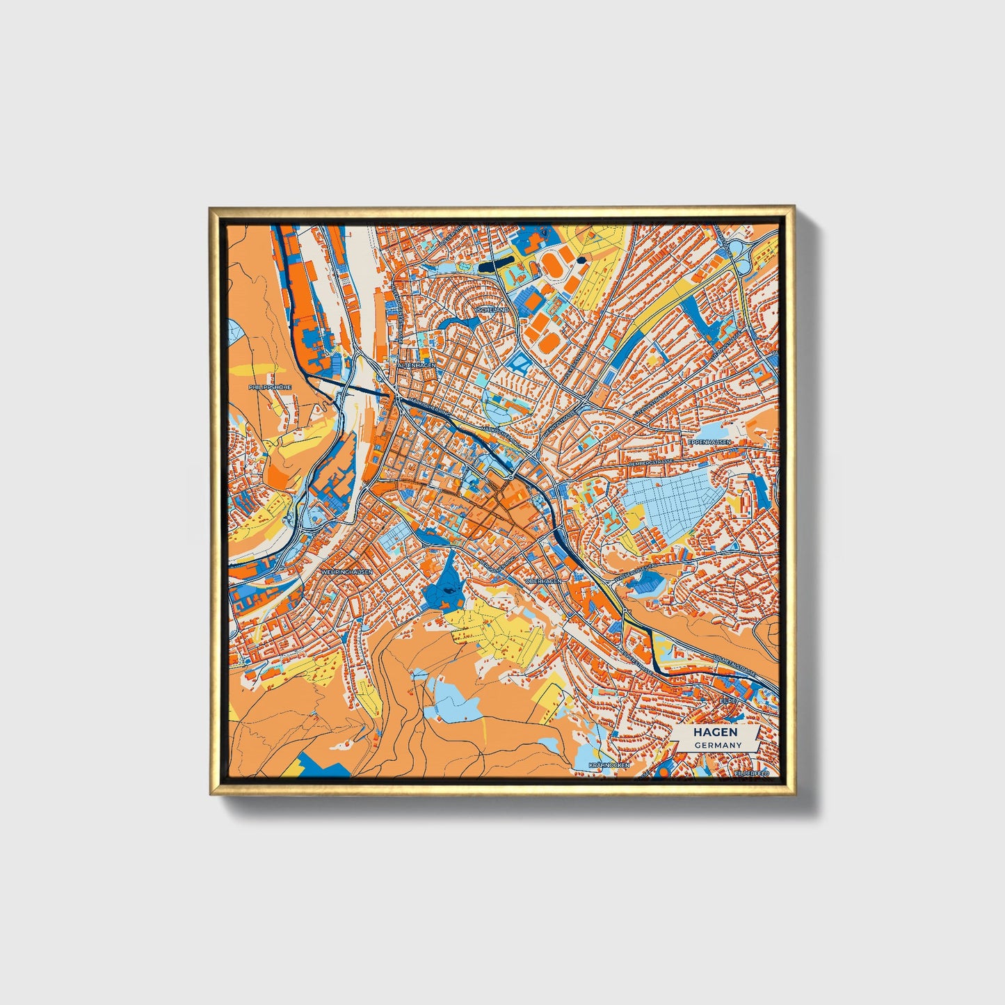 Hagen Germany Colorful City Map Canvas Print • Gold Framed