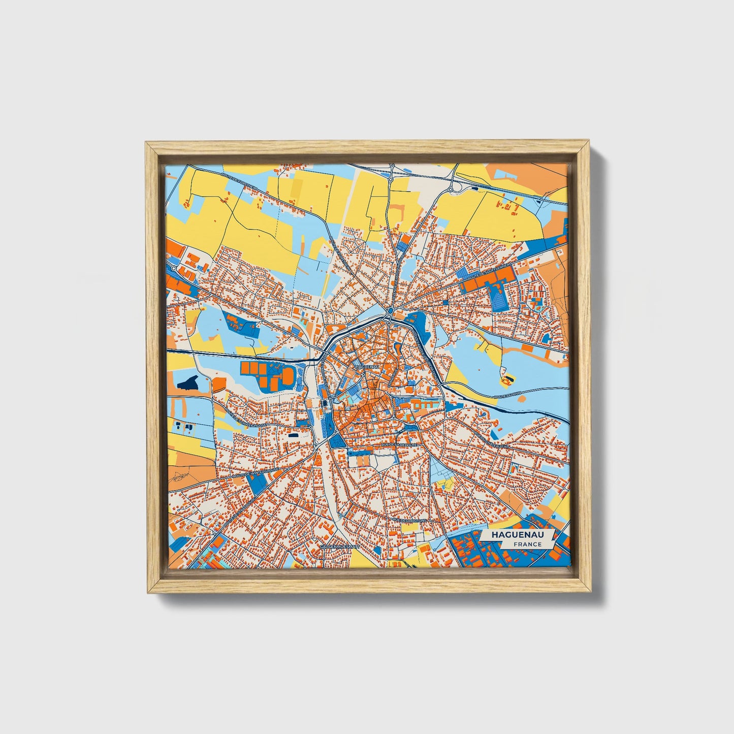 Haguenau France Colorful City Map Canvas Print • Natural Wooden Framed