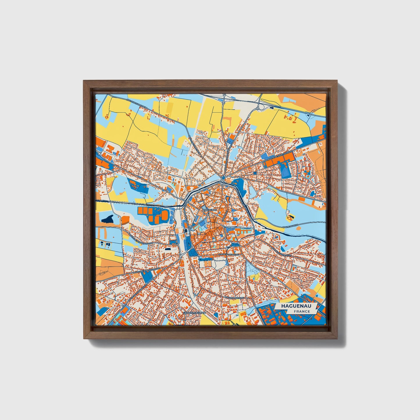 Haguenau France Colorful City Map Canvas Print • Dark Wooden Framed