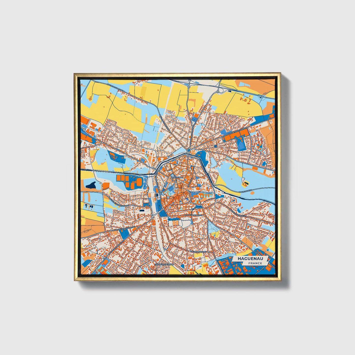 Haguenau France Colorful City Map Canvas Print • Gold Framed