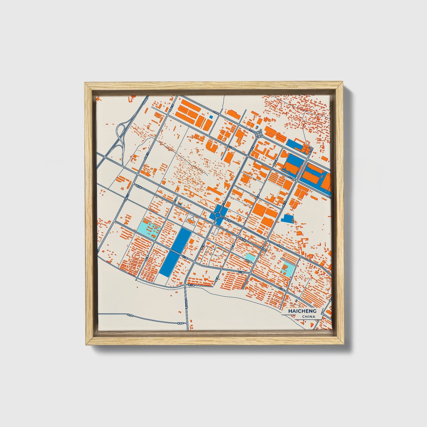 Haicheng China Colorful City Map Canvas Print • Natural Wooden Framed