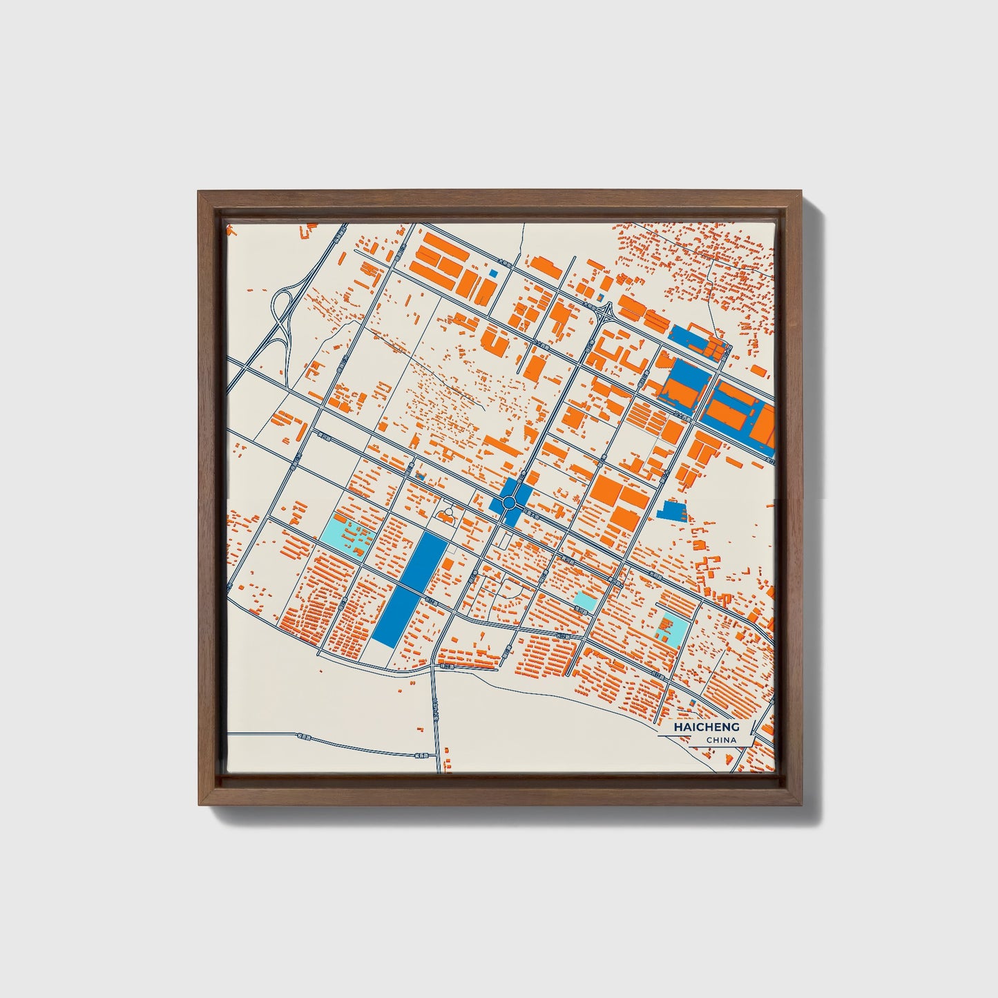 Haicheng China Colorful City Map Canvas Print • Dark Wooden Framed