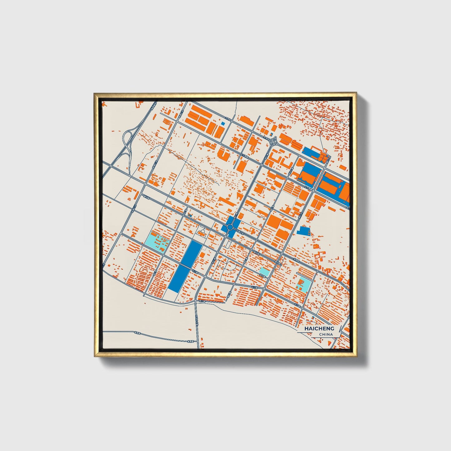 Haicheng China Colorful City Map Canvas Print • Gold Framed