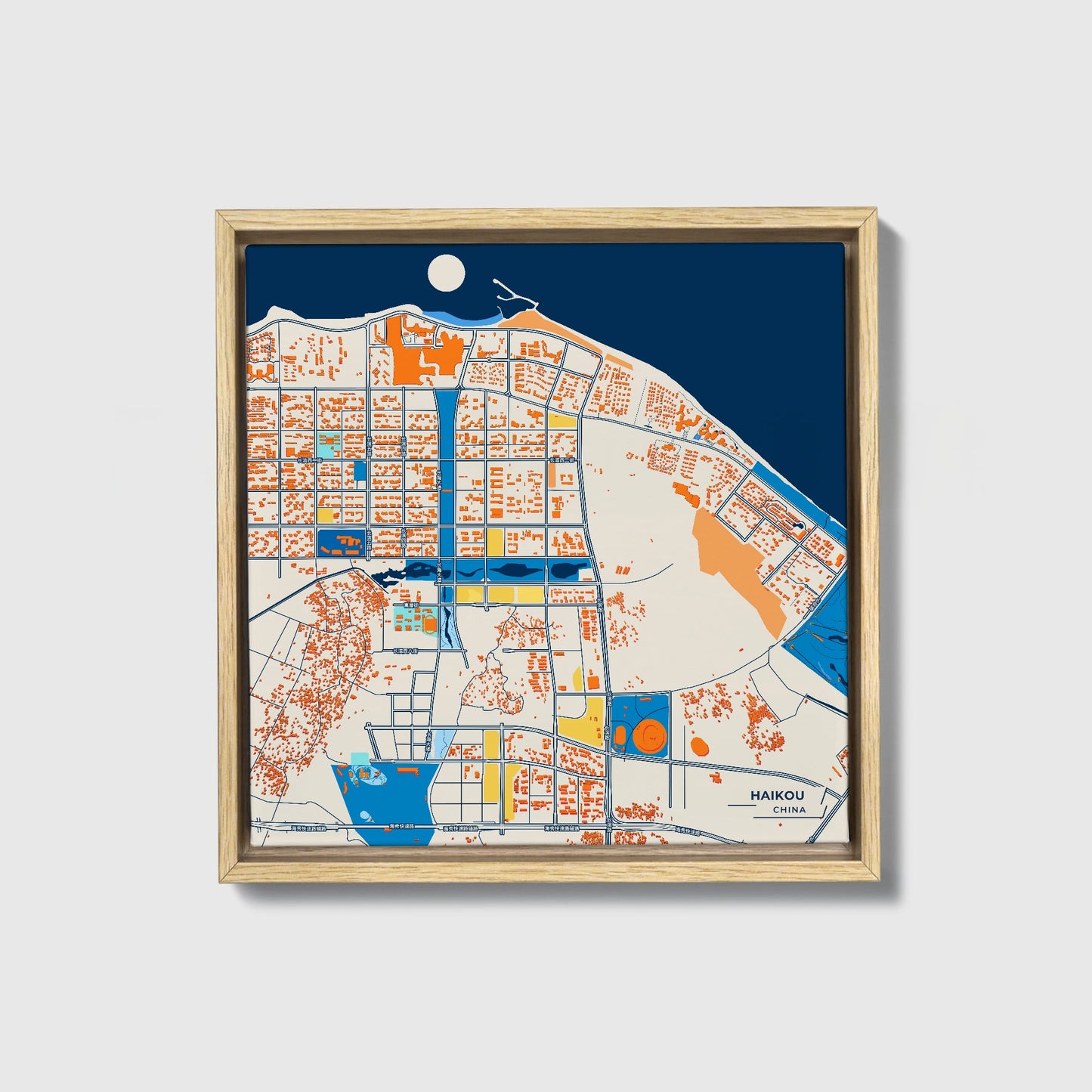 Haikou China Colorful City Map Canvas Print • Natural Wooden Framed