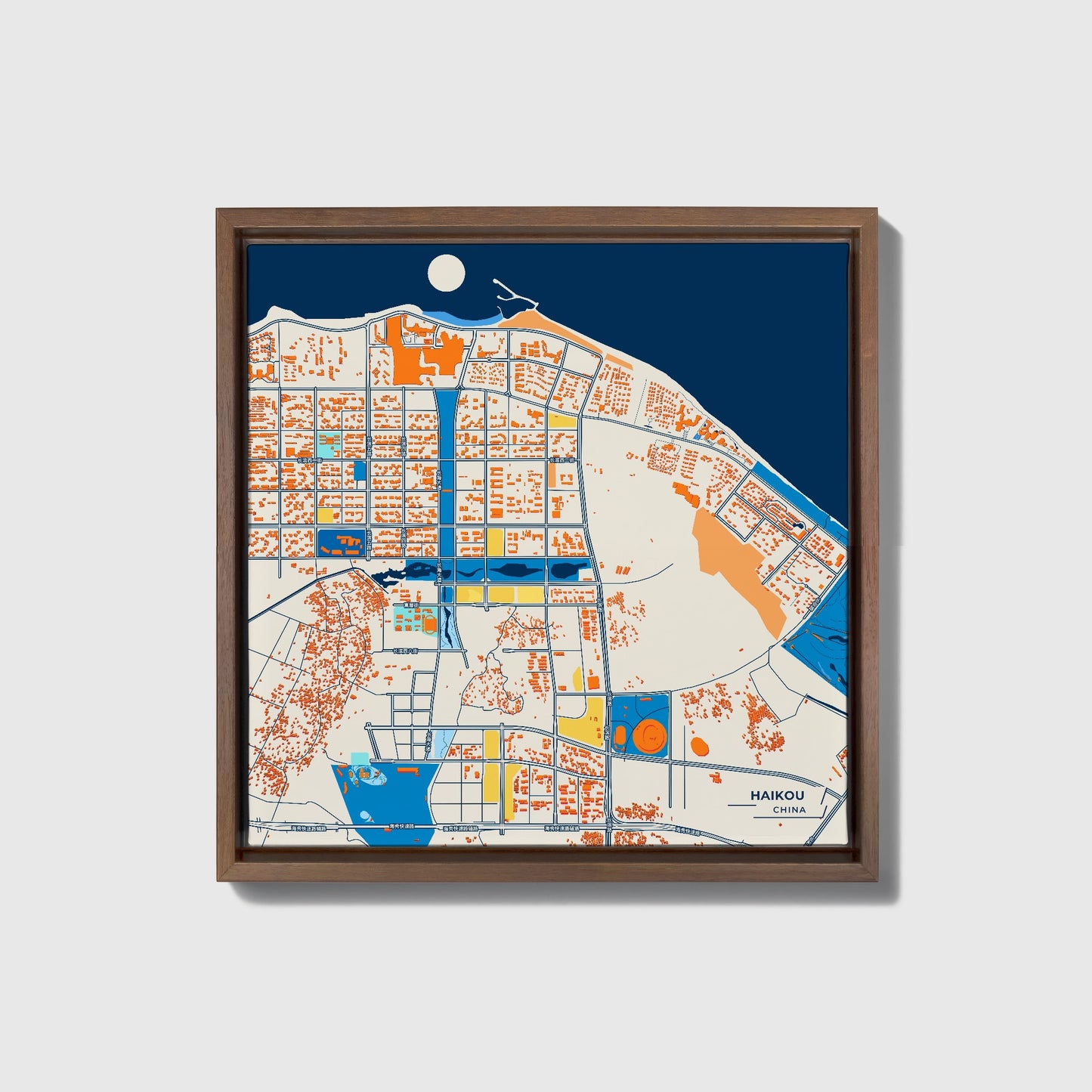 Haikou China Colorful City Map Canvas Print • Dark Wooden Framed