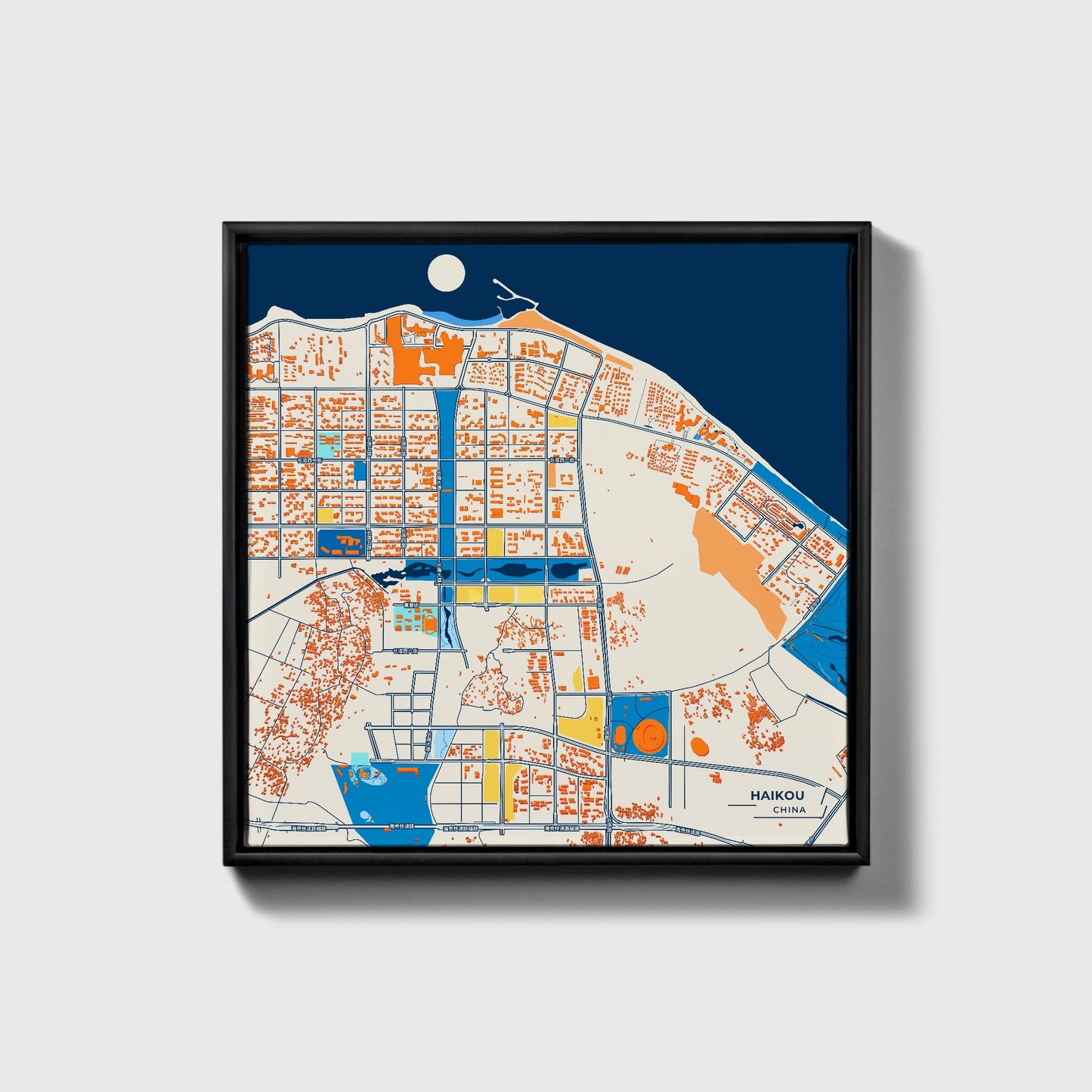 Haikou China Colorful City Map Canvas Print • Black Framed