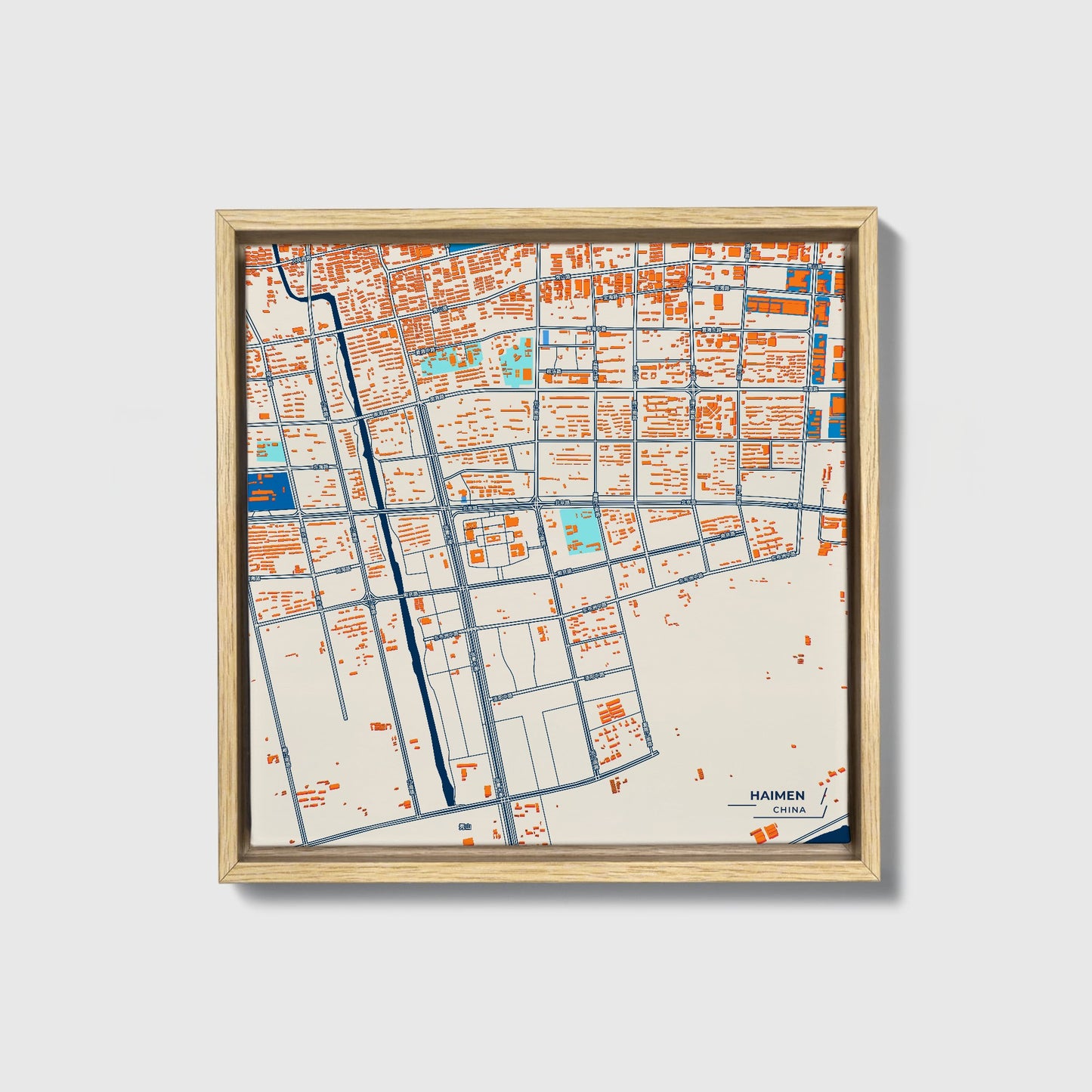 Haimen China Colorful City Map Canvas Print • Natural Wooden Framed