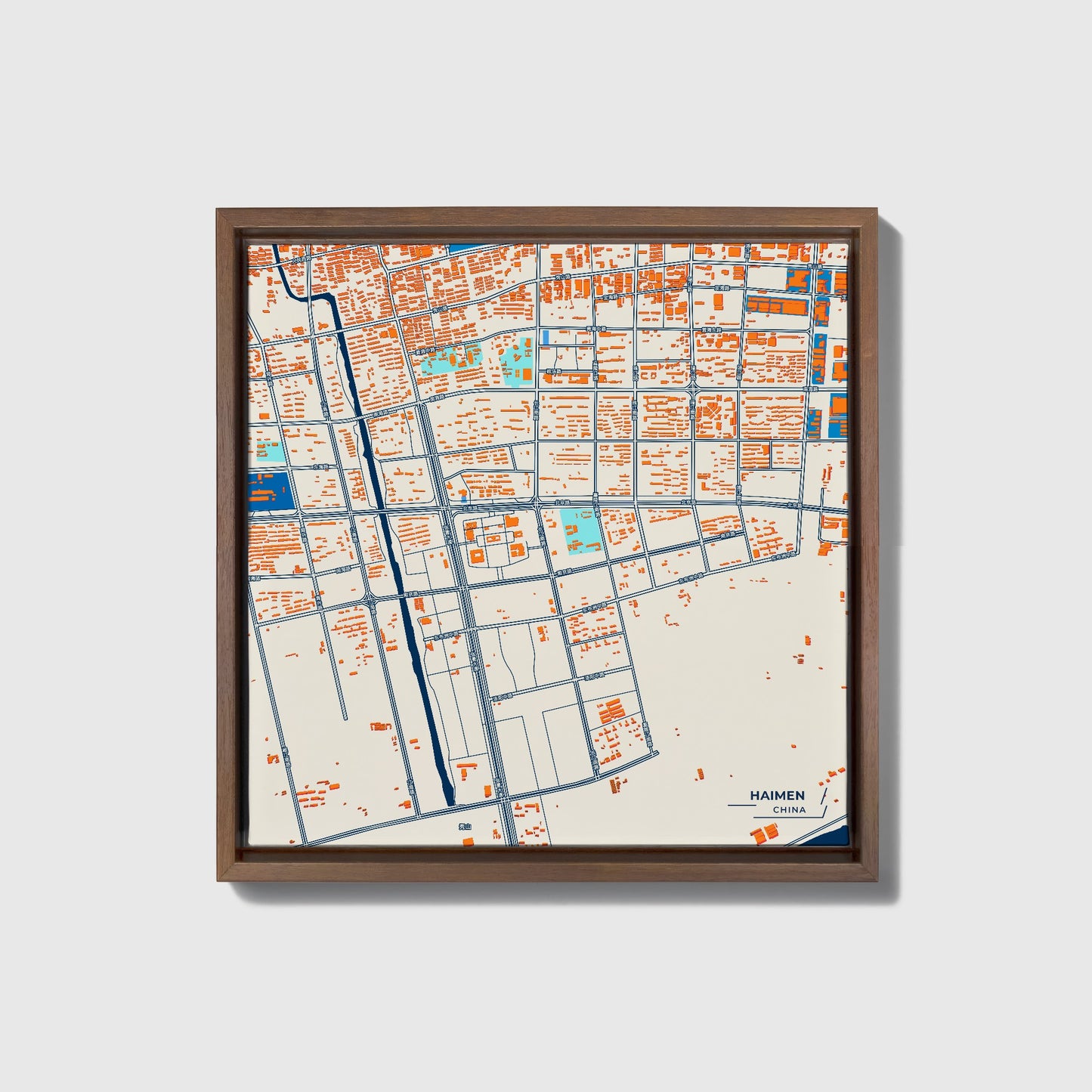 Haimen China Colorful City Map Canvas Print • Dark Wooden Framed