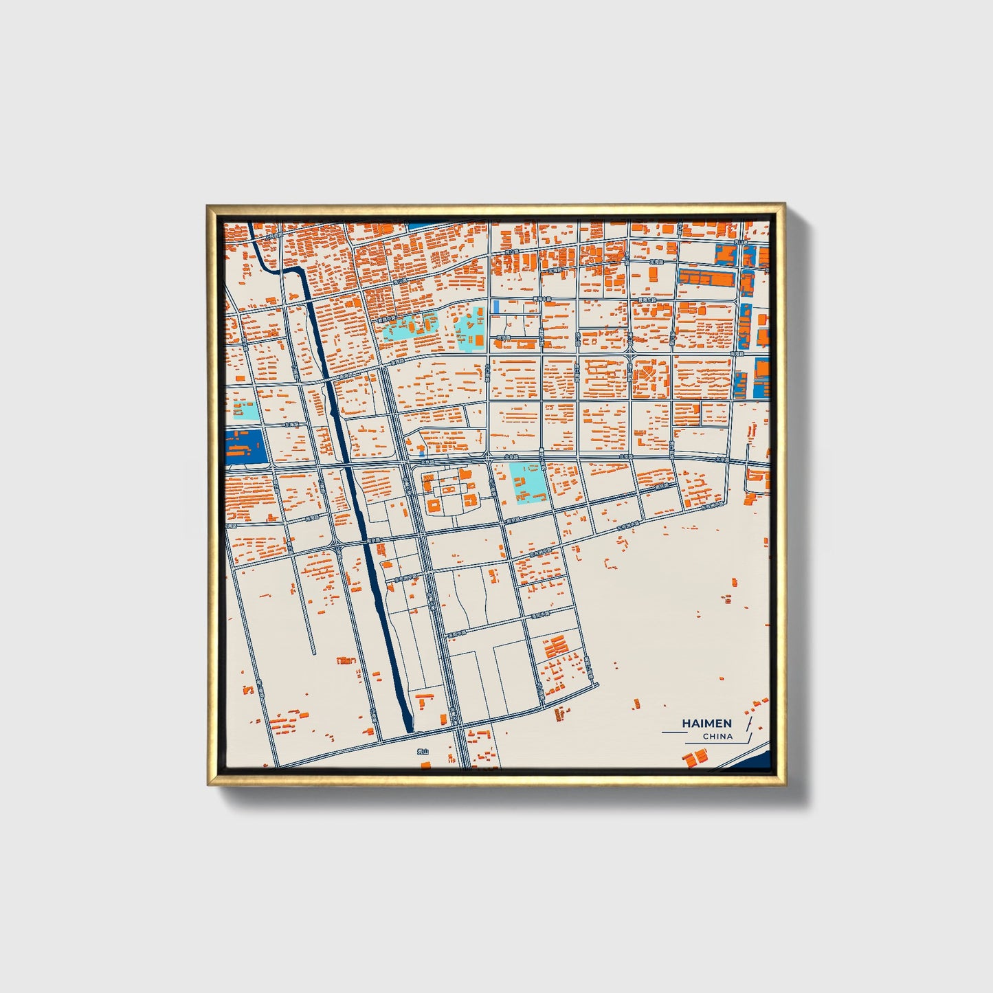 Haimen China Colorful City Map Canvas Print • Gold Framed