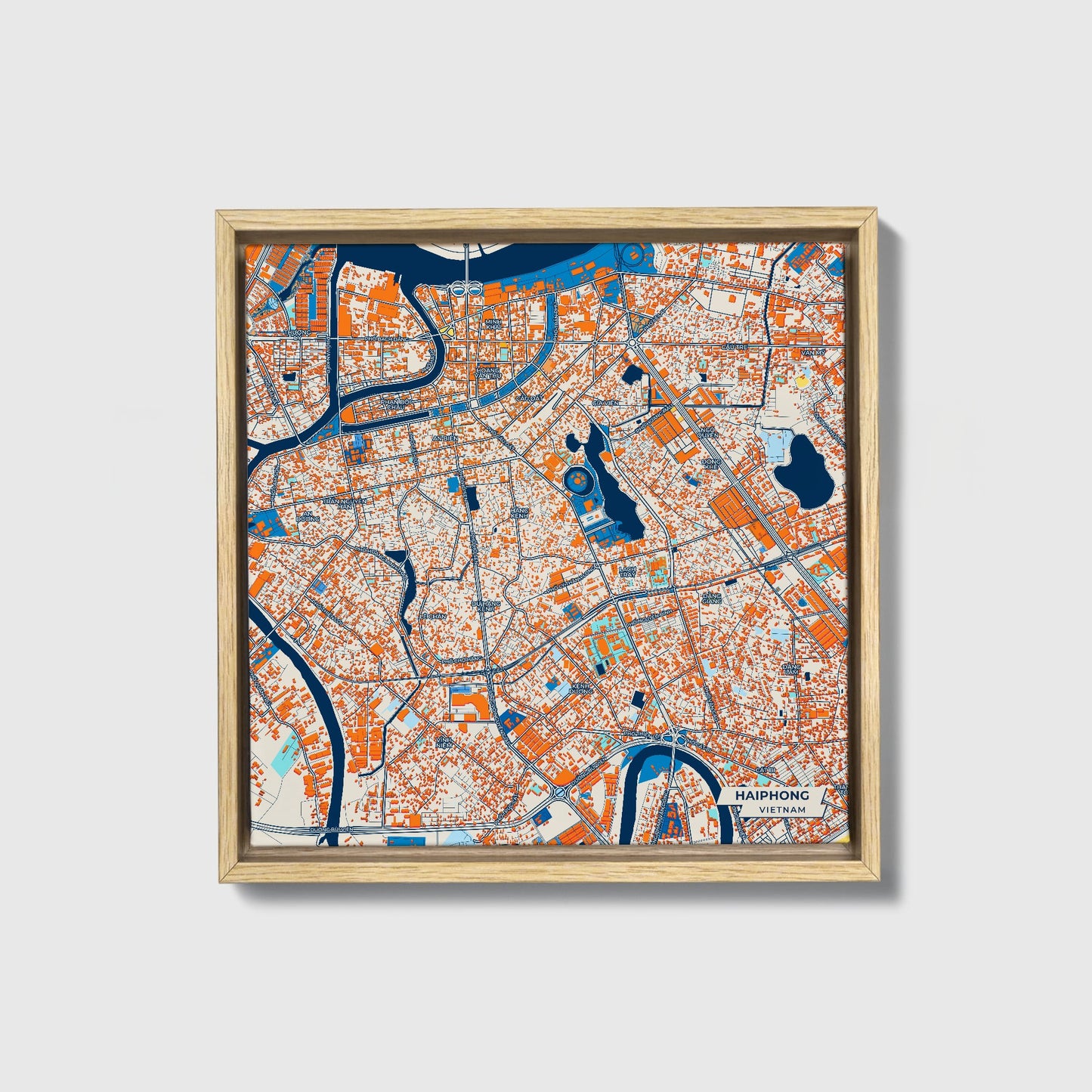 Haiphong Vietnam Colorful City Map Canvas Print • Natural Wooden Framed