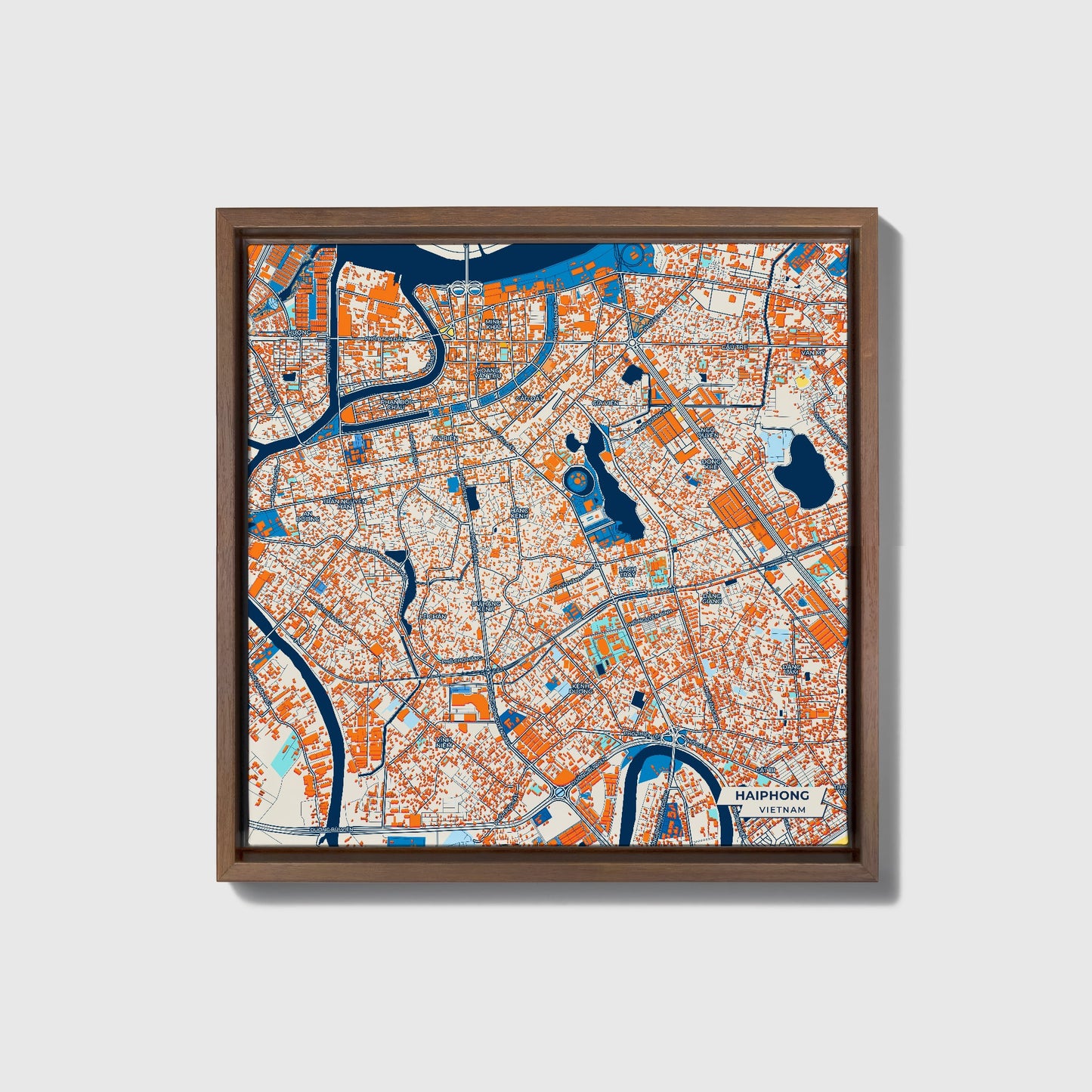 Haiphong Vietnam Colorful City Map Canvas Print • Dark Wooden Framed