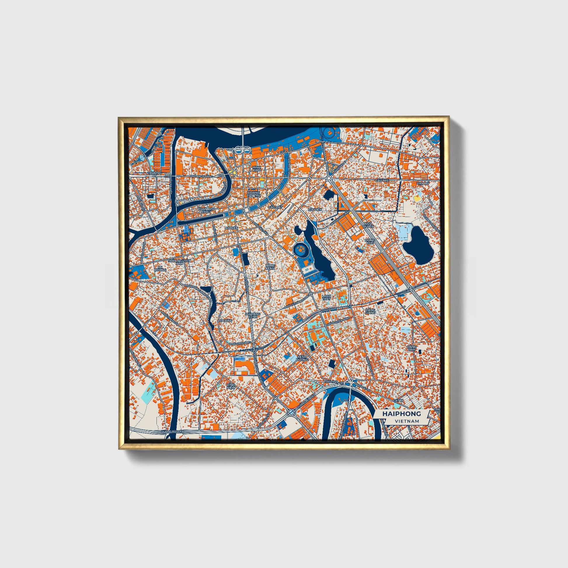 Haiphong Vietnam Colorful City Map Canvas Print • Gold Framed
