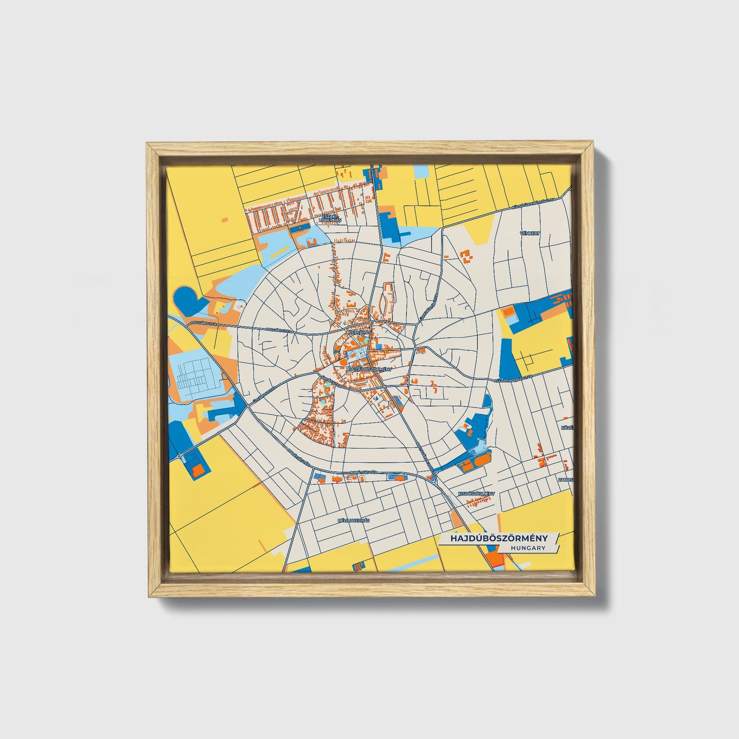 Hajdúböszörmény Hungary Colorful City Map Canvas Print • Natural Wooden Framed