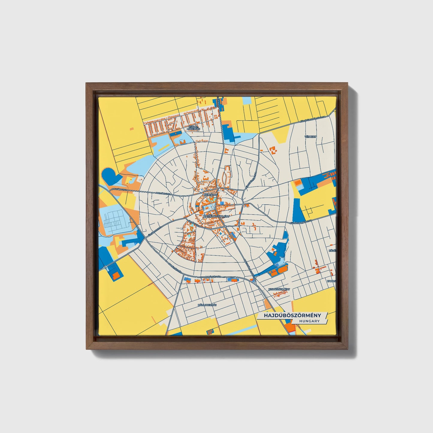 Hajdúböszörmény Hungary Colorful City Map Canvas Print • Dark Wooden Framed