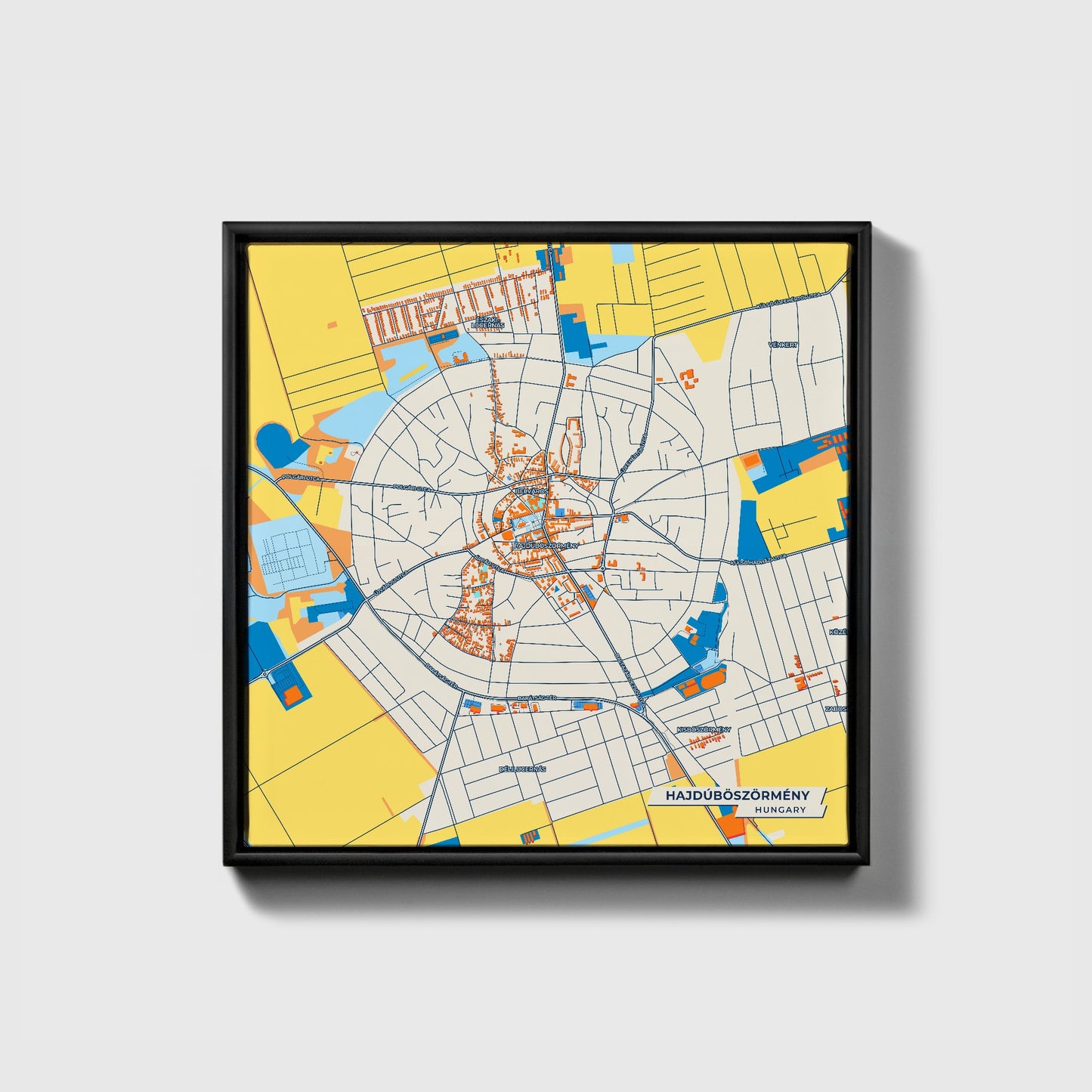 Hajdúböszörmény Hungary Colorful City Map Canvas Print • Black Framed