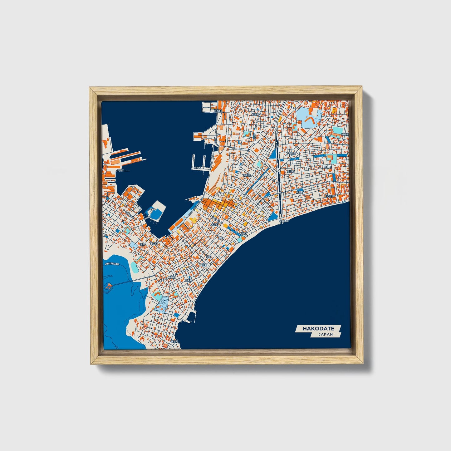 Hakodate Japan Colorful City Map Canvas Print • Natural Wooden Framed