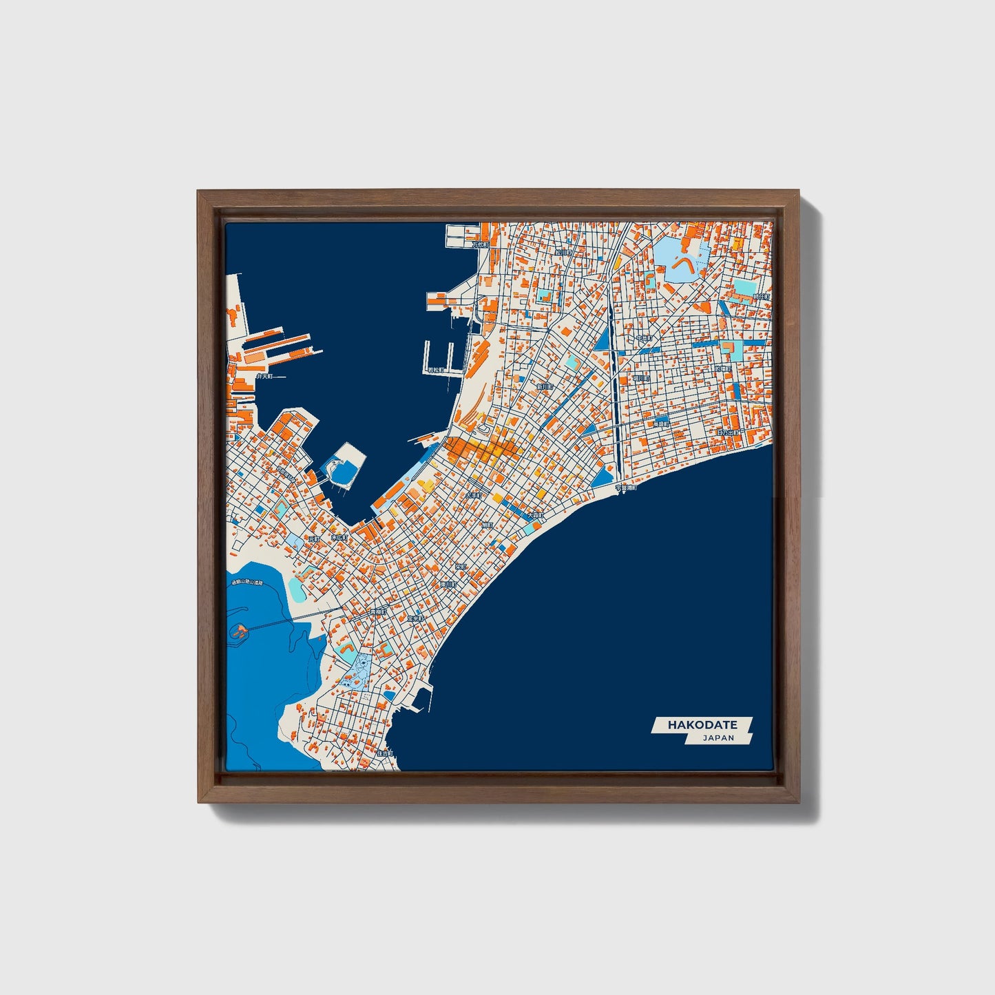Hakodate Japan Colorful City Map Canvas Print • Dark Wooden Framed