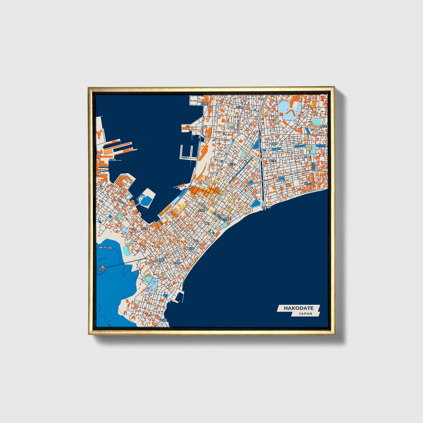 Hakodate Japan Colorful City Map Canvas Print • Gold Framed