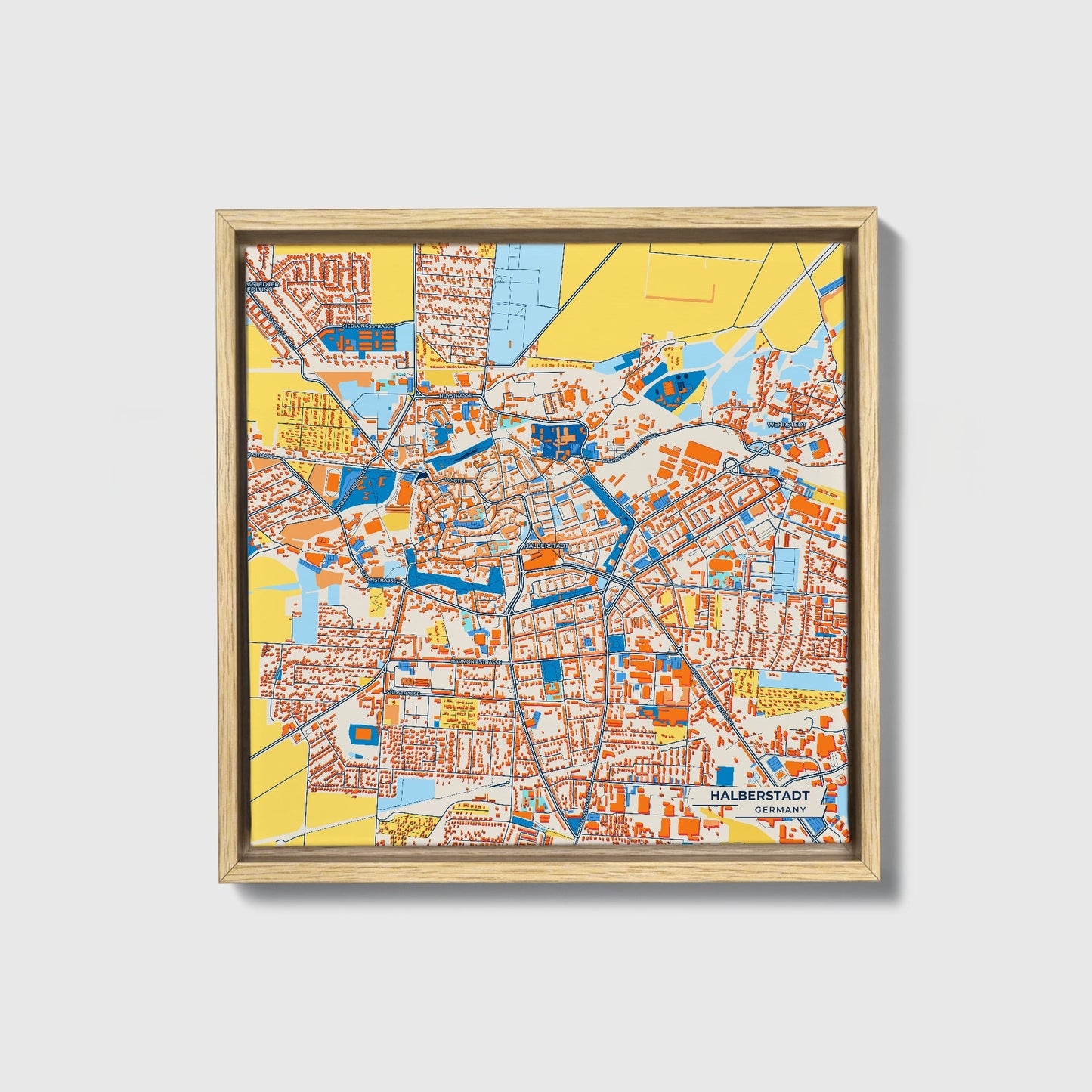 Halberstadt Germany Colorful City Map Canvas Print • Natural Wooden Framed