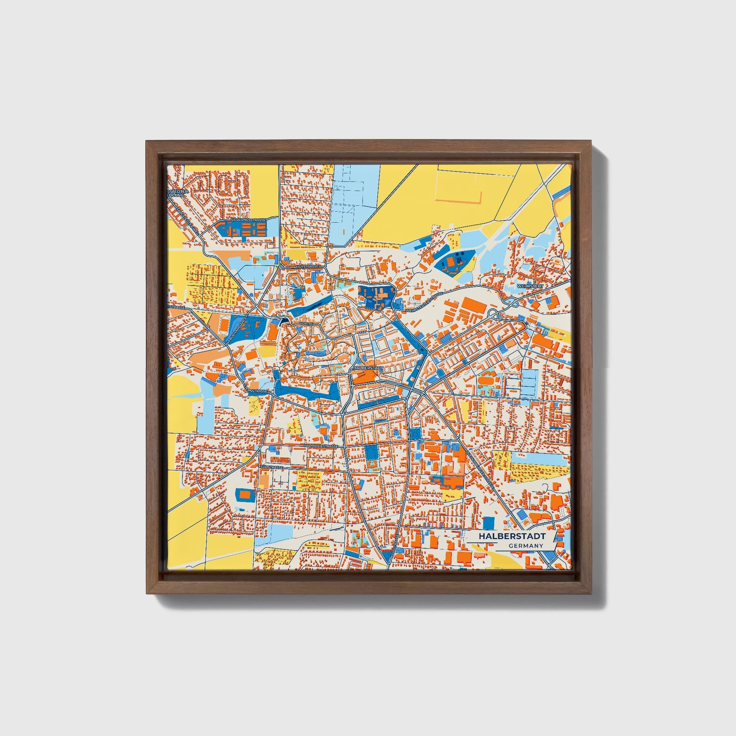Halberstadt Germany Colorful City Map Canvas Print • Dark Wooden Framed