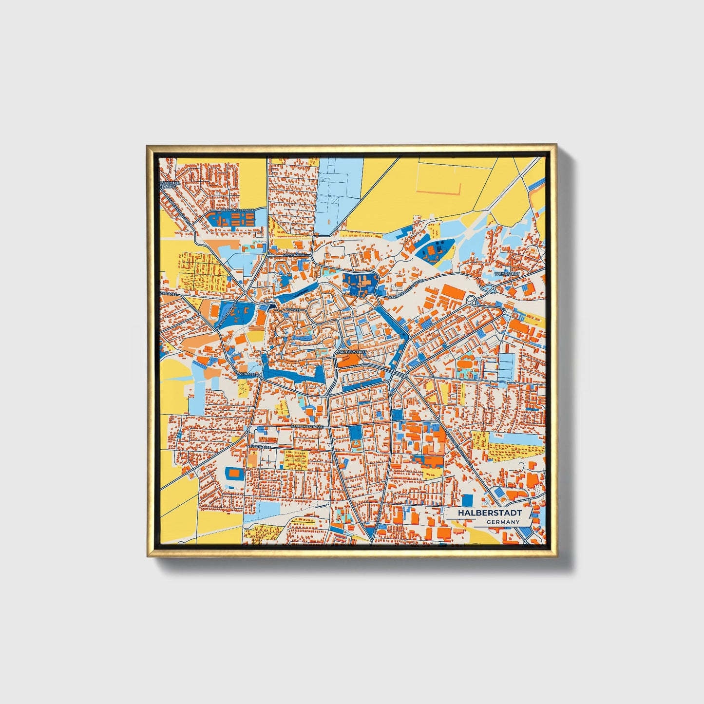 Halberstadt Germany Colorful City Map Canvas Print • Gold Framed