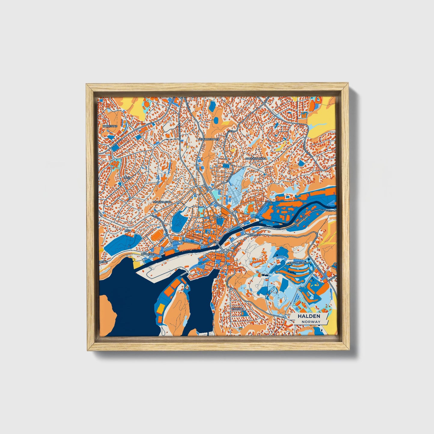 Halden Norway Colorful City Map Canvas Print • Natural Wooden Framed