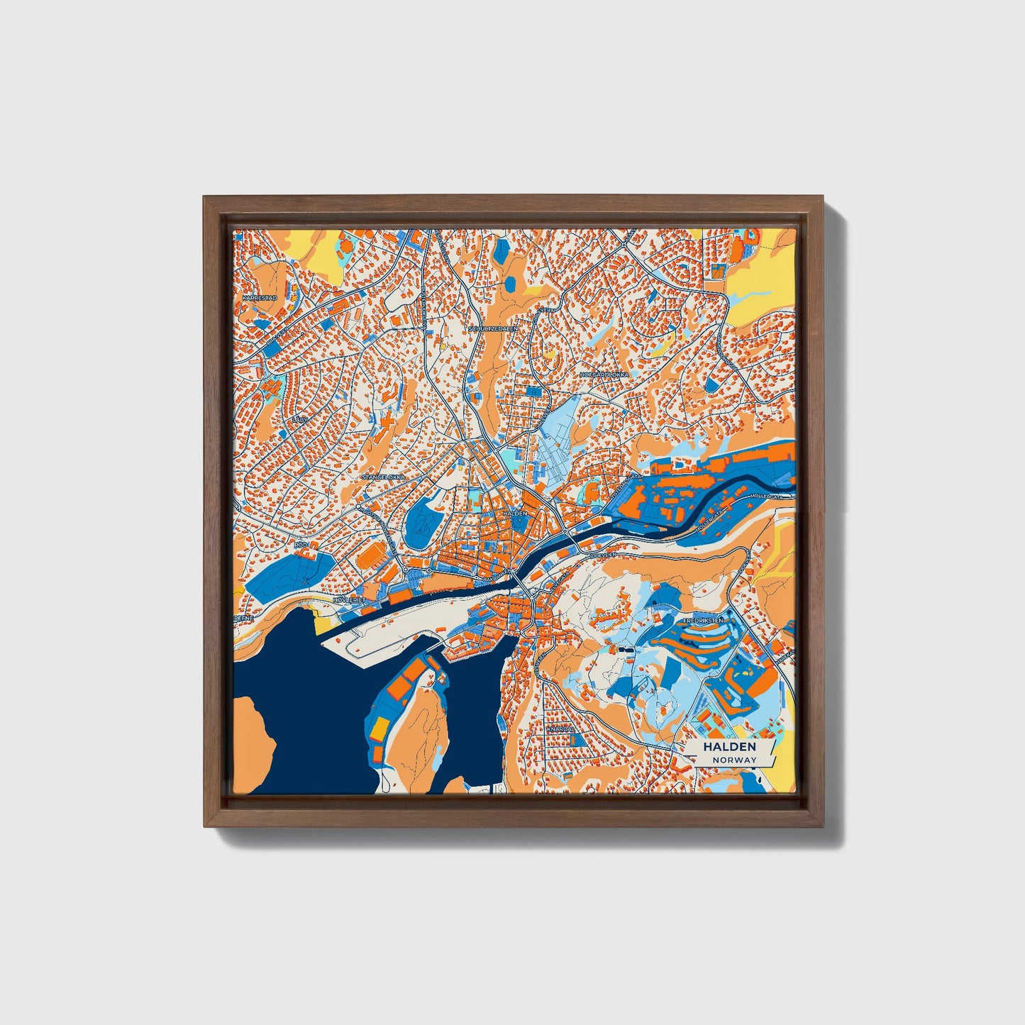Halden Norway Colorful City Map Canvas Print • Dark Wooden Framed