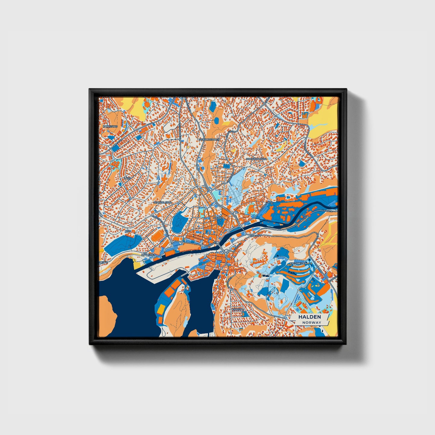 Halden Norway Colorful City Map Canvas Print • Black Framed