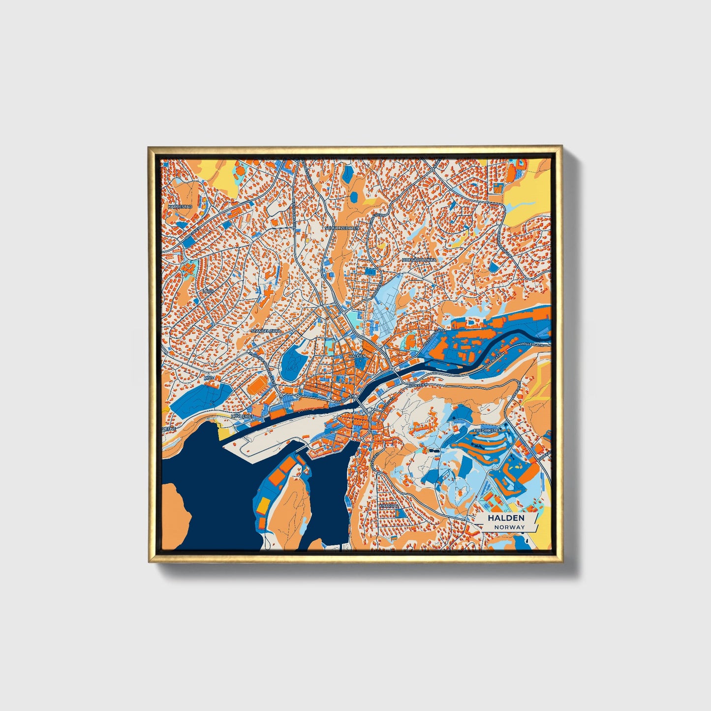 Halden Norway Colorful City Map Canvas Print • Gold Framed