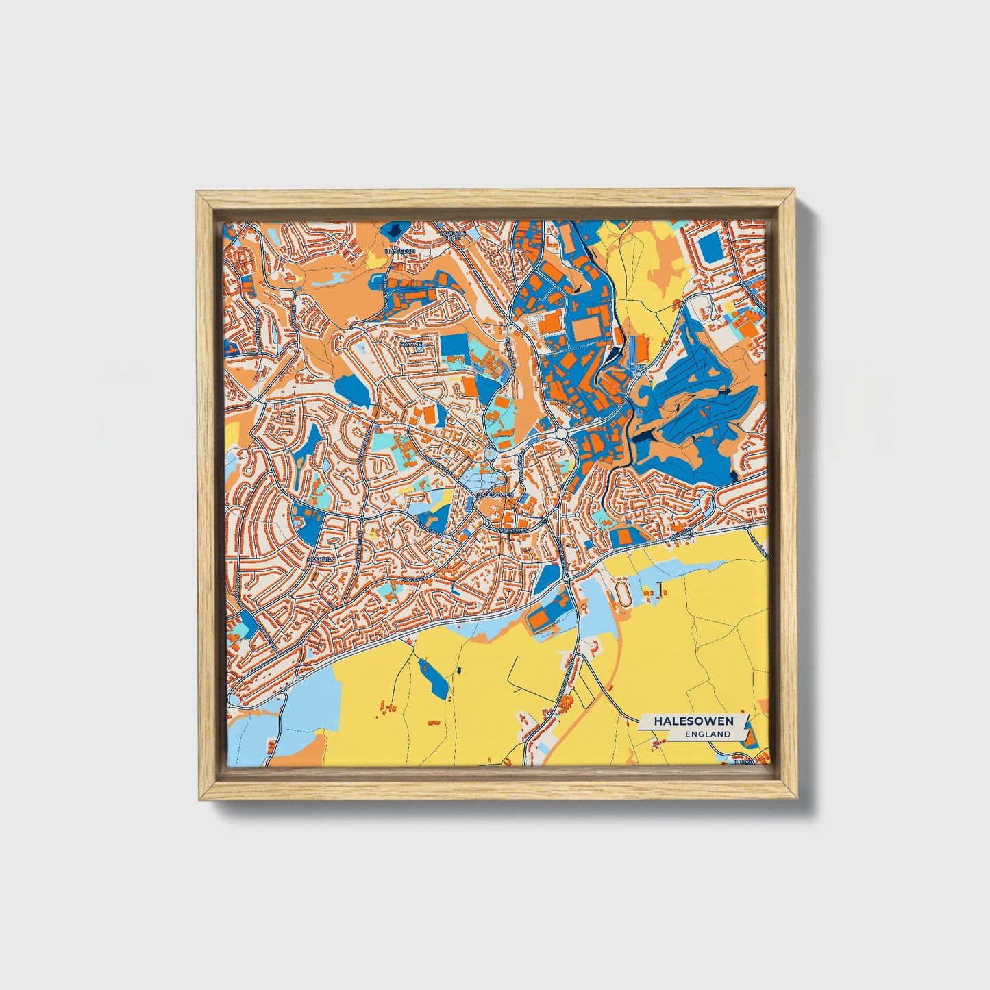 Halesowen England Colorful City Map Canvas Print • Natural Wooden Framed