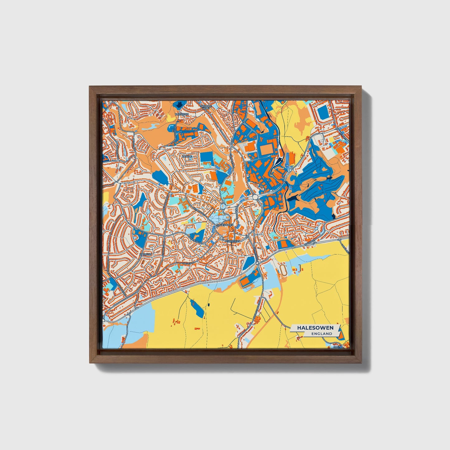 Halesowen England Colorful City Map Canvas Print • Dark Wooden Framed