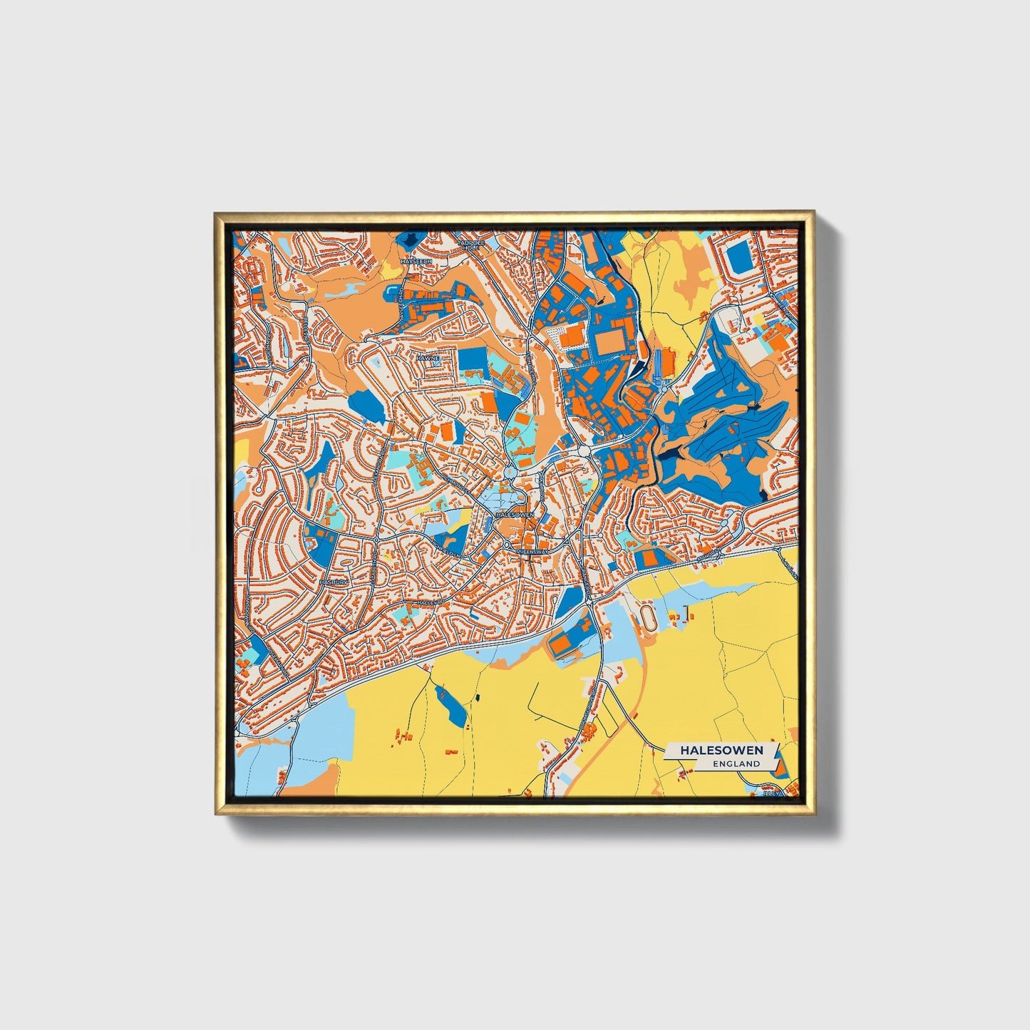 Halesowen England Colorful City Map Canvas Print • Gold Framed