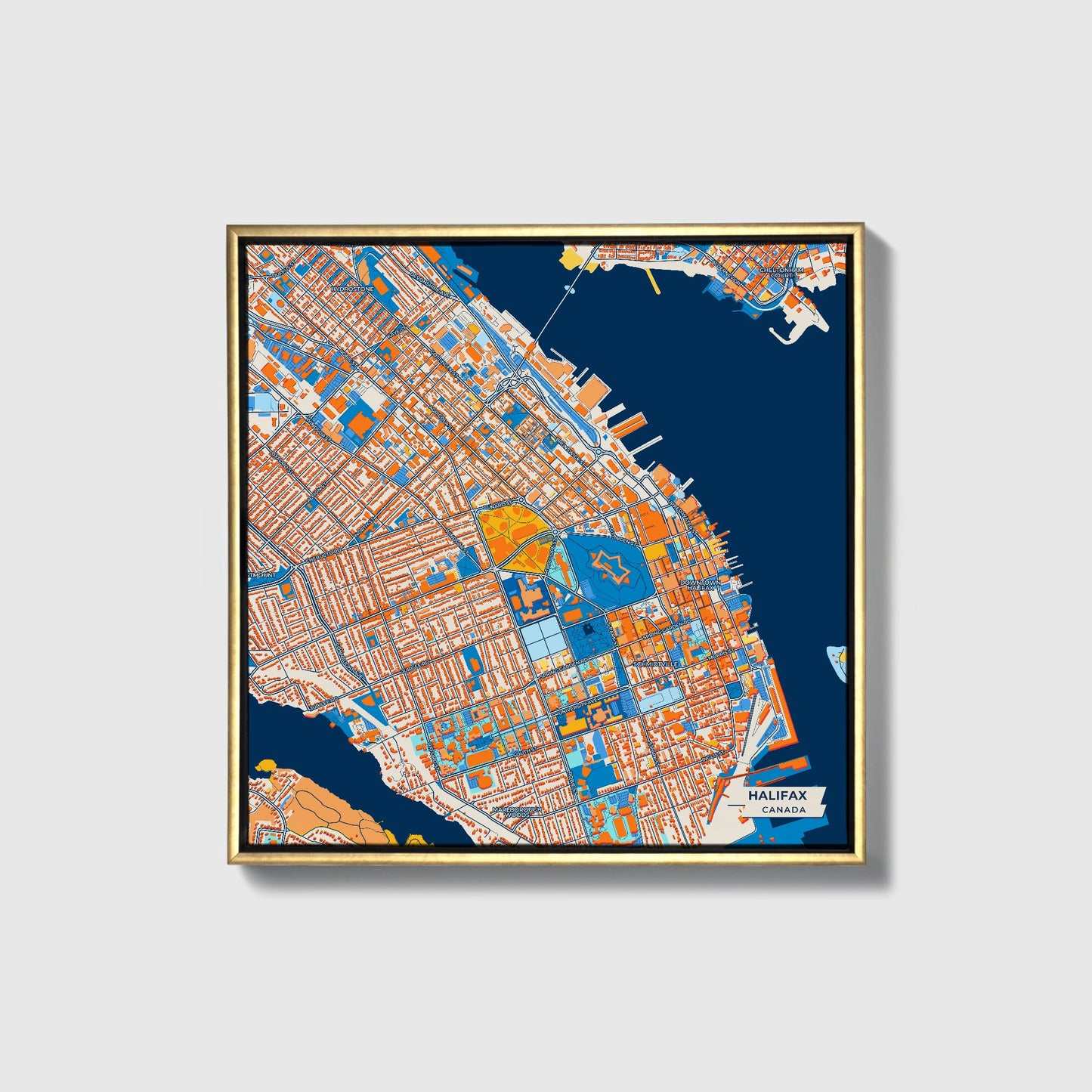 Halifax Canada Colorful City Map Canvas Print • Gold Framed
