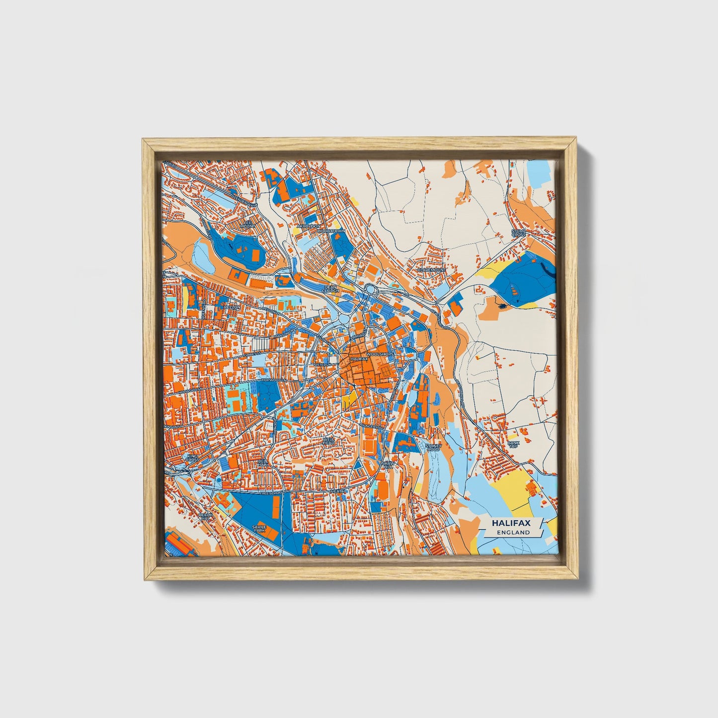 Halifax England Colorful City Map Canvas Print • Natural Wooden Framed