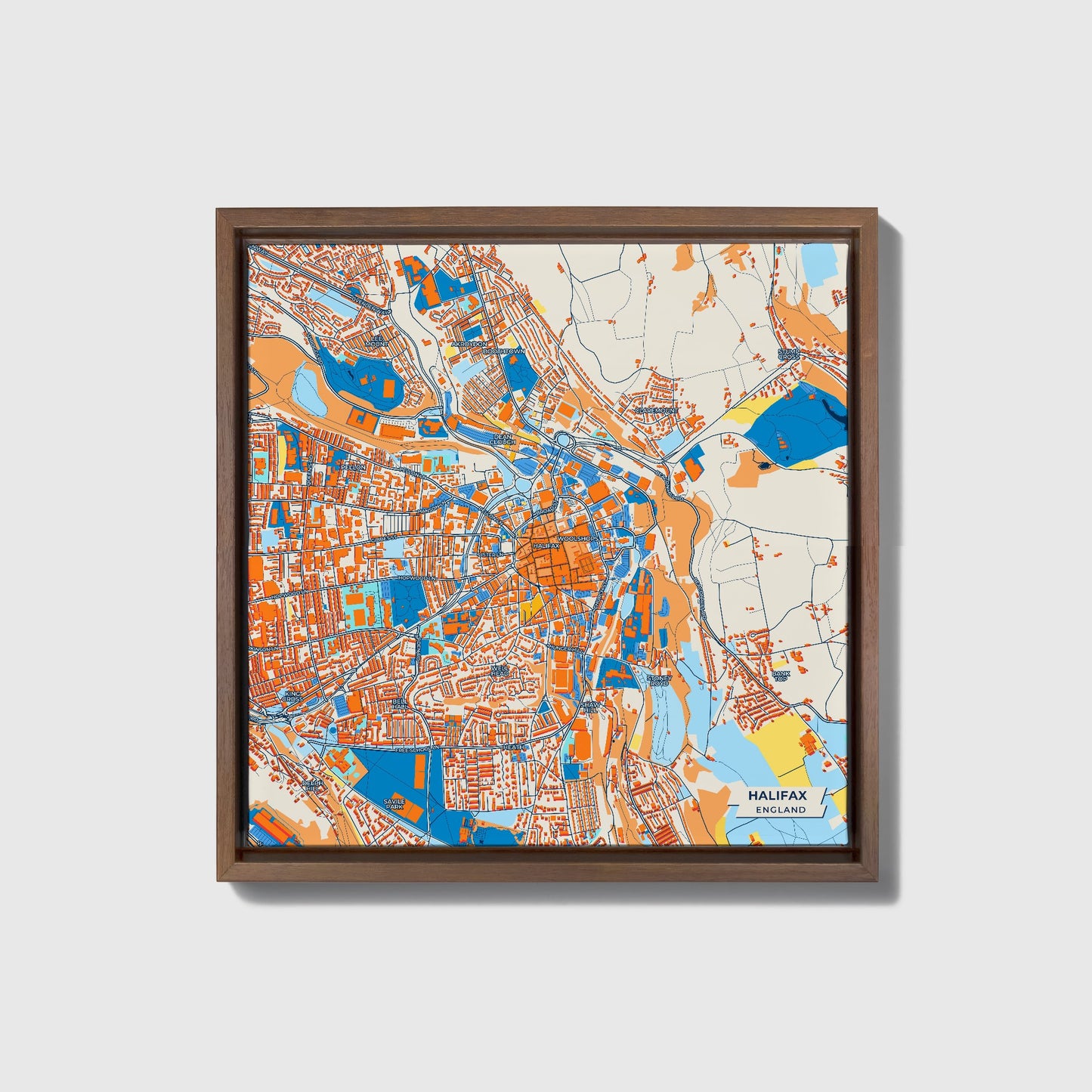 Halifax England Colorful City Map Canvas Print • Dark Wooden Framed
