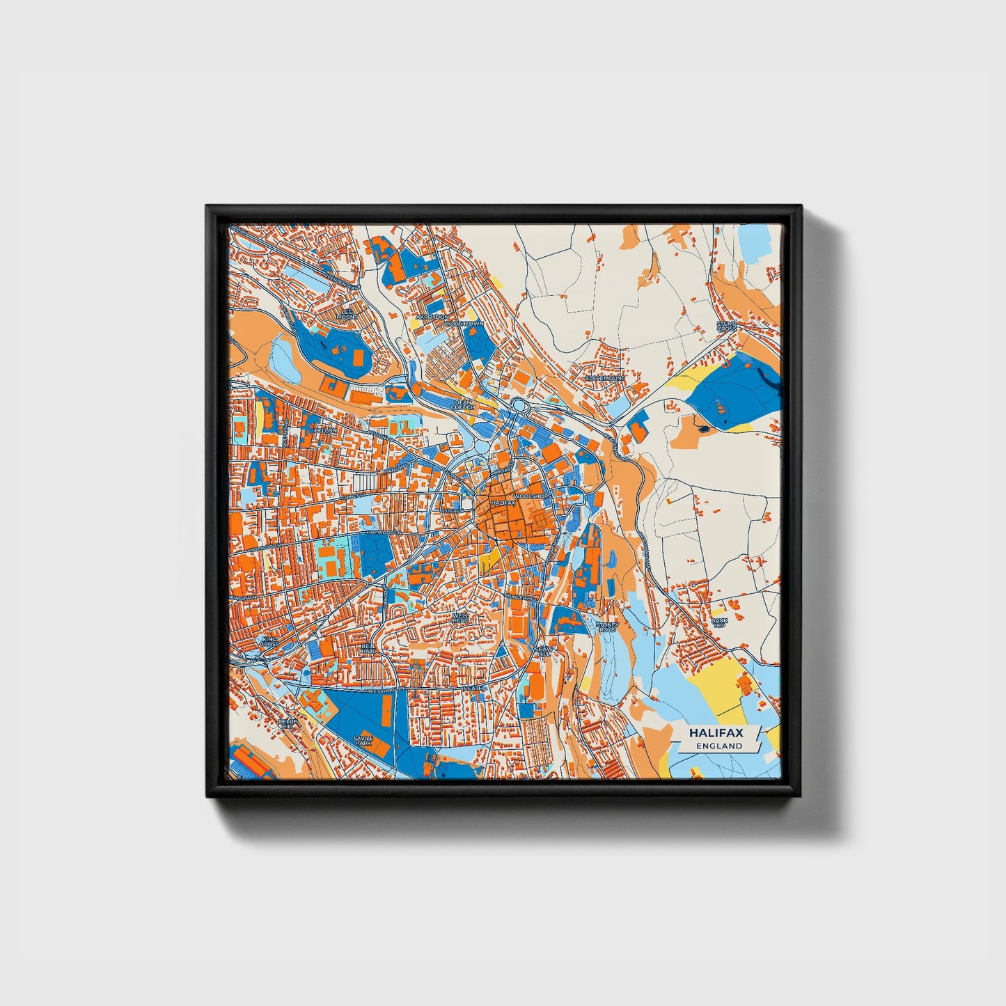Halifax England Colorful City Map Canvas Print • Black Framed