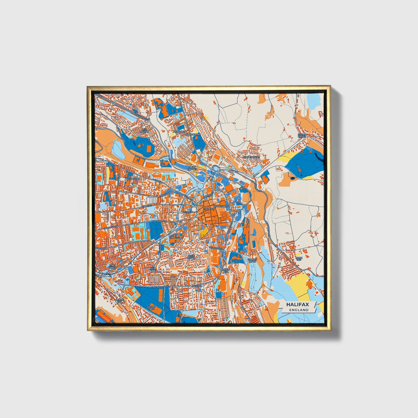 Halifax England Colorful City Map Canvas Print • Gold Framed