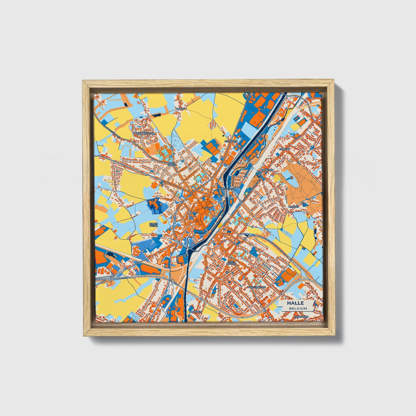 Halle  Belgium Colorful City Map Canvas Print • Natural Wooden Framed