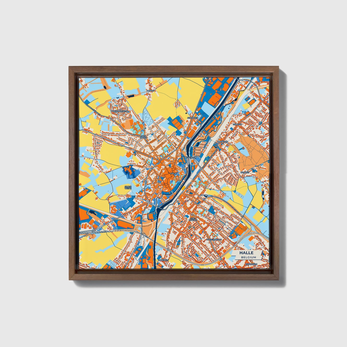 Halle  Belgium Colorful City Map Canvas Print • Dark Wooden Framed