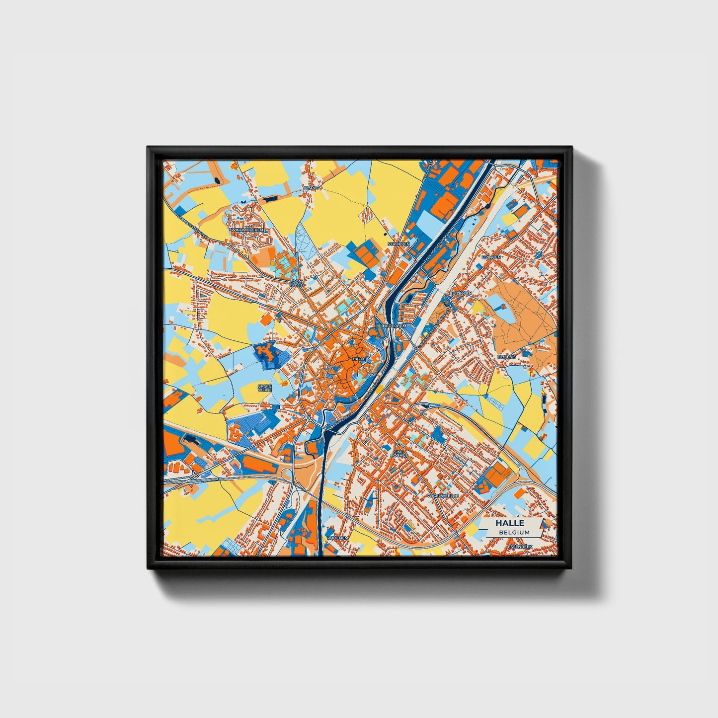 Halle  Belgium Colorful City Map Canvas Print • Black Framed