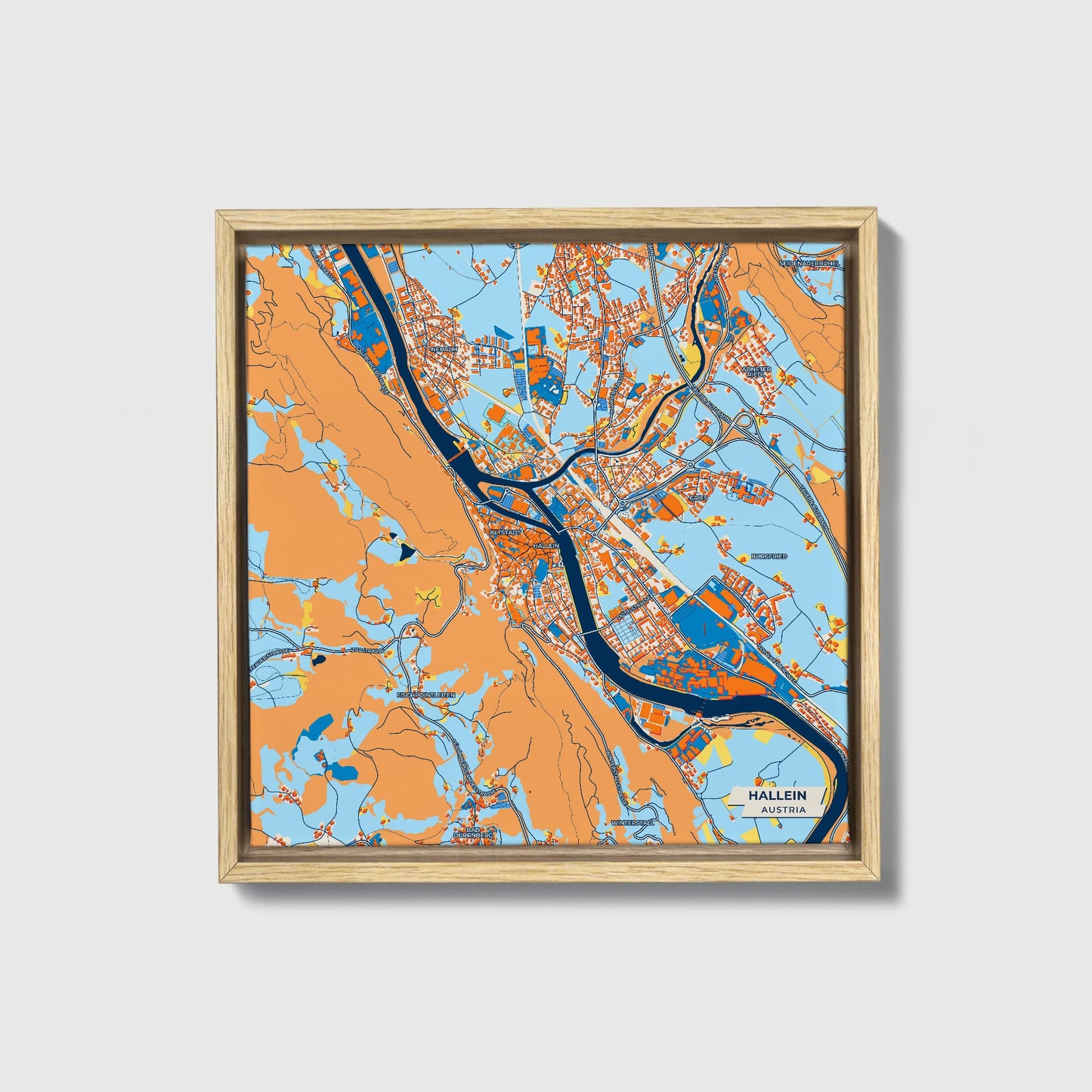 Hallein Austria Colorful City Map Canvas Print • Natural Wooden Framed