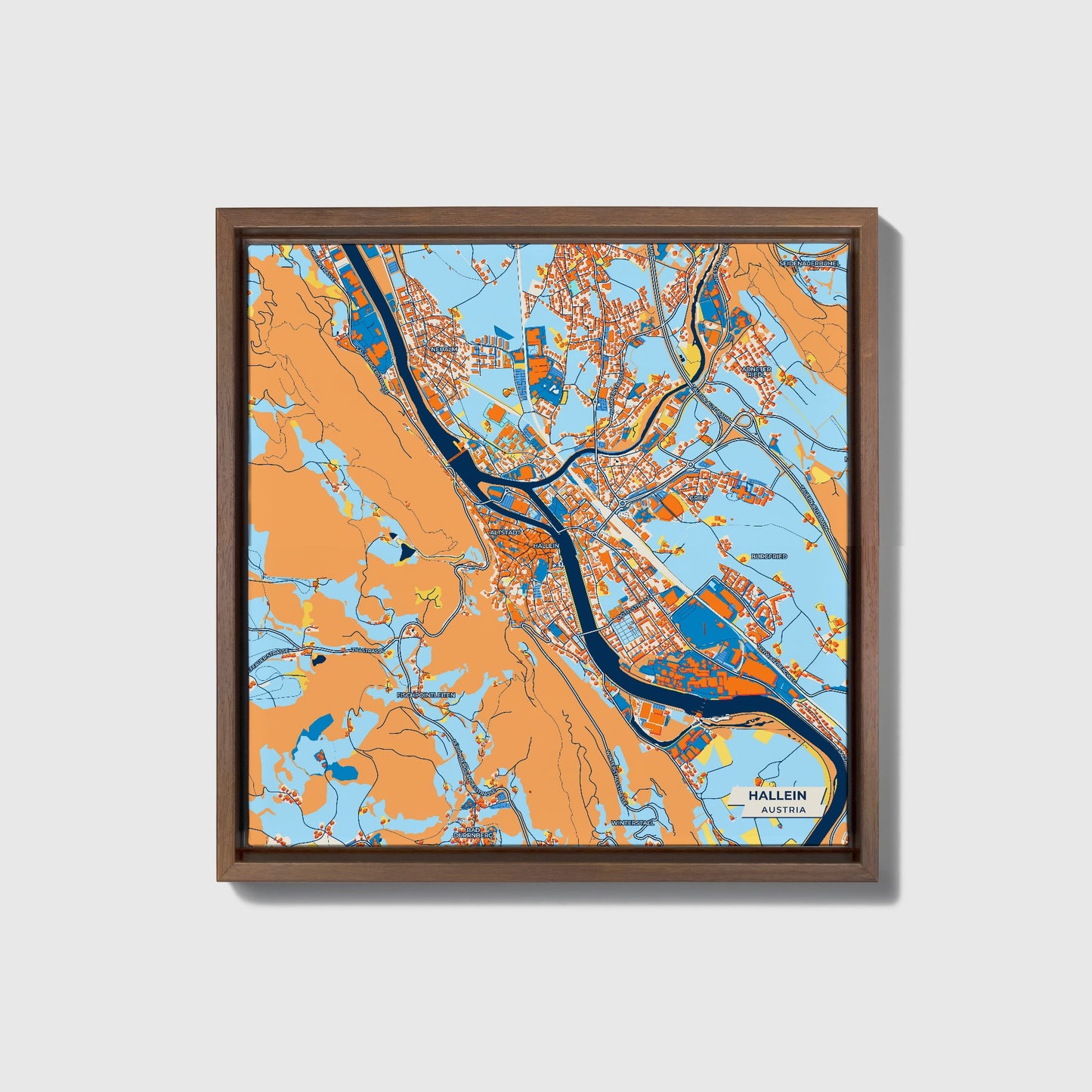 Hallein Austria Colorful City Map Canvas Print • Dark Wooden Framed