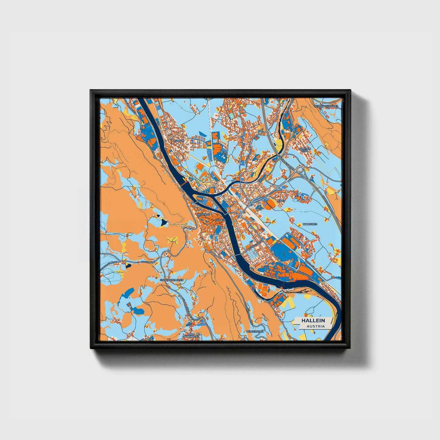 Hallein Austria Colorful City Map Canvas Print • Black Framed